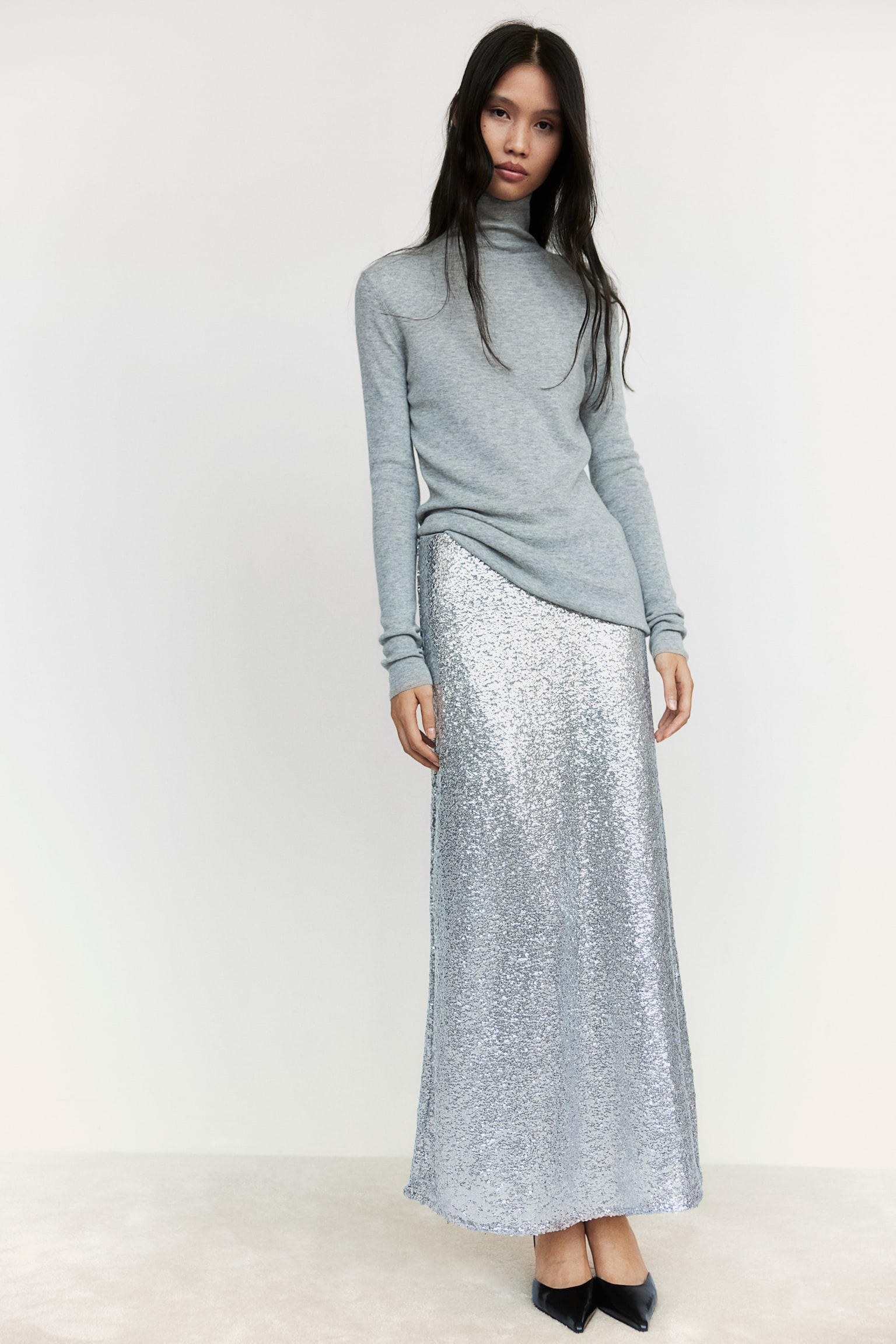 Sequined maxi skirt - Silver-coloured/Black - 1