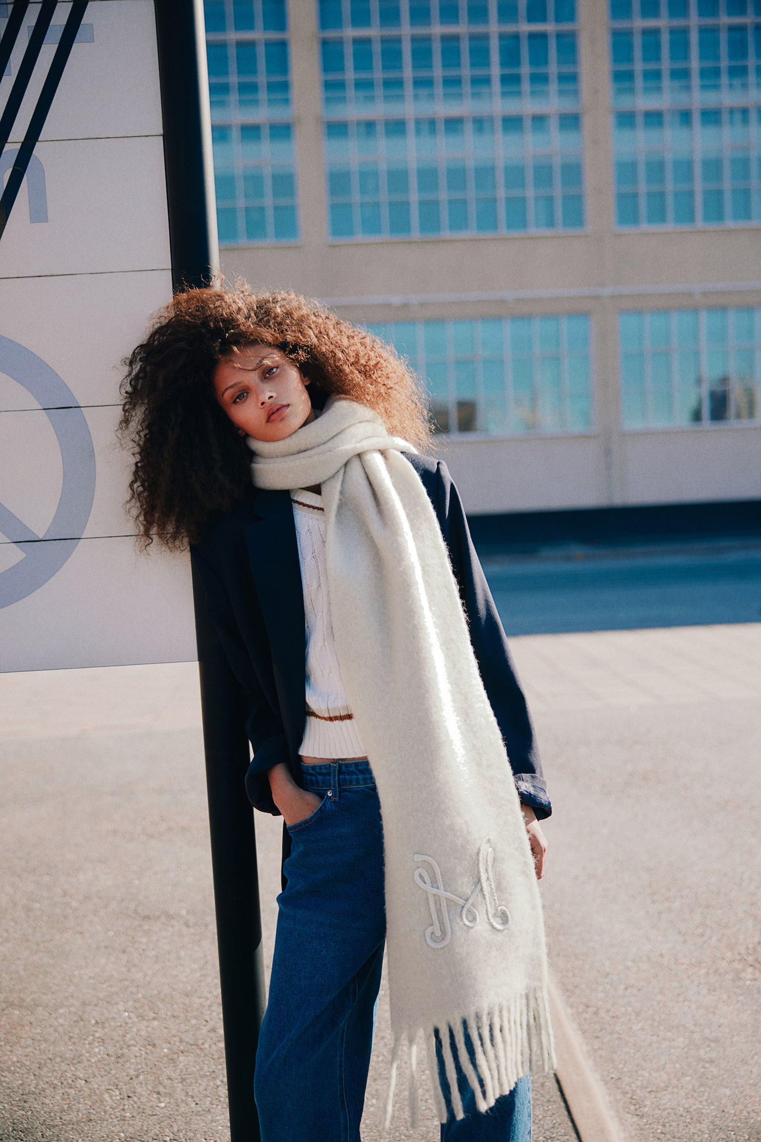 Embroidery-detail scarf - Light beige/Navy blue - 3