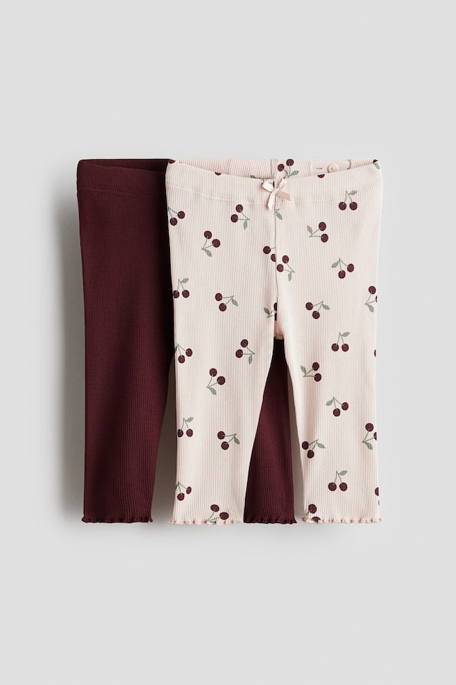2-pack Ribbed Cotton Leggings - Light pink/cherries/Cream/leopard print/Light pink/floral/Cream/leopard print - 1