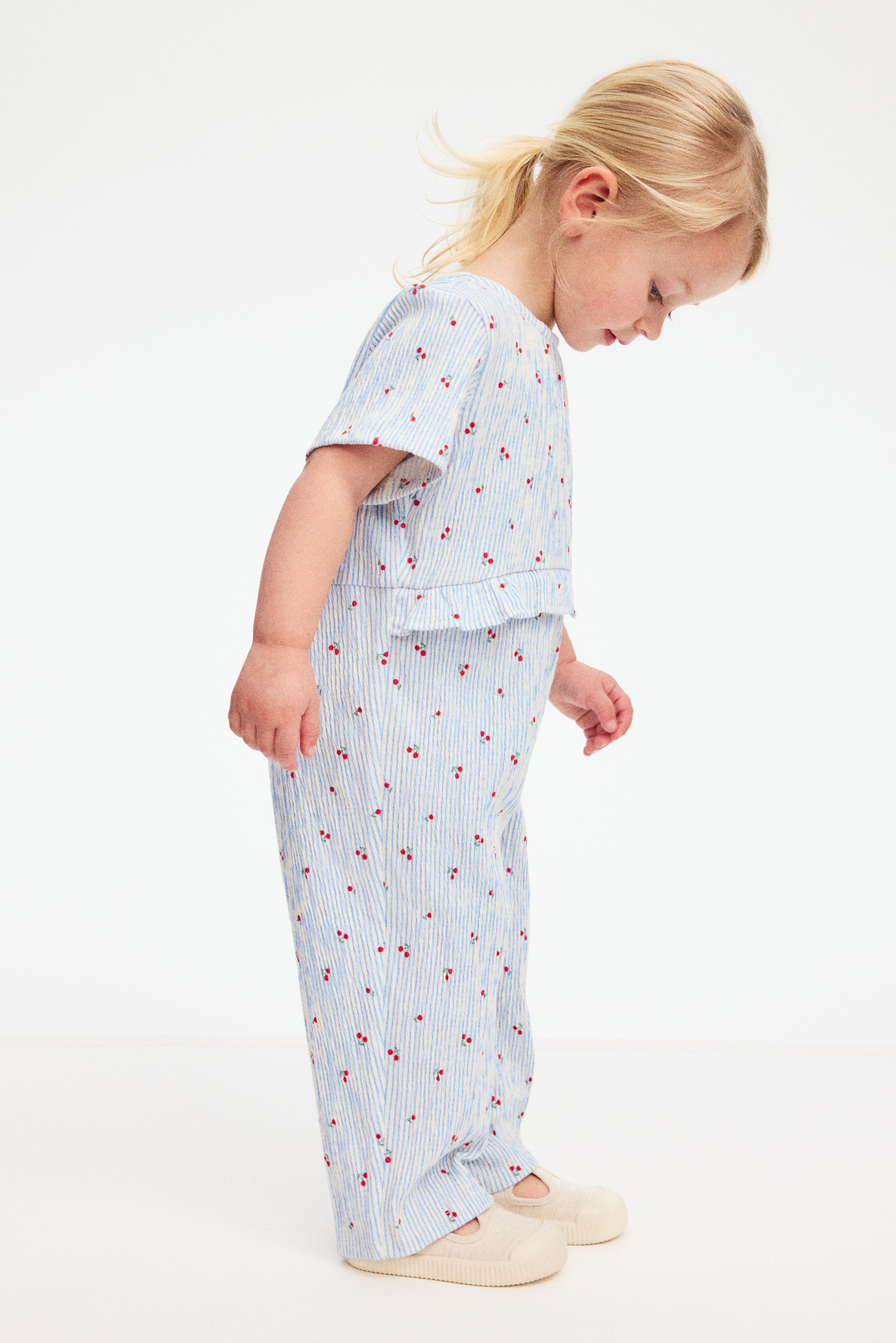 クリンクルロンパース - ライトブルー/チェリー