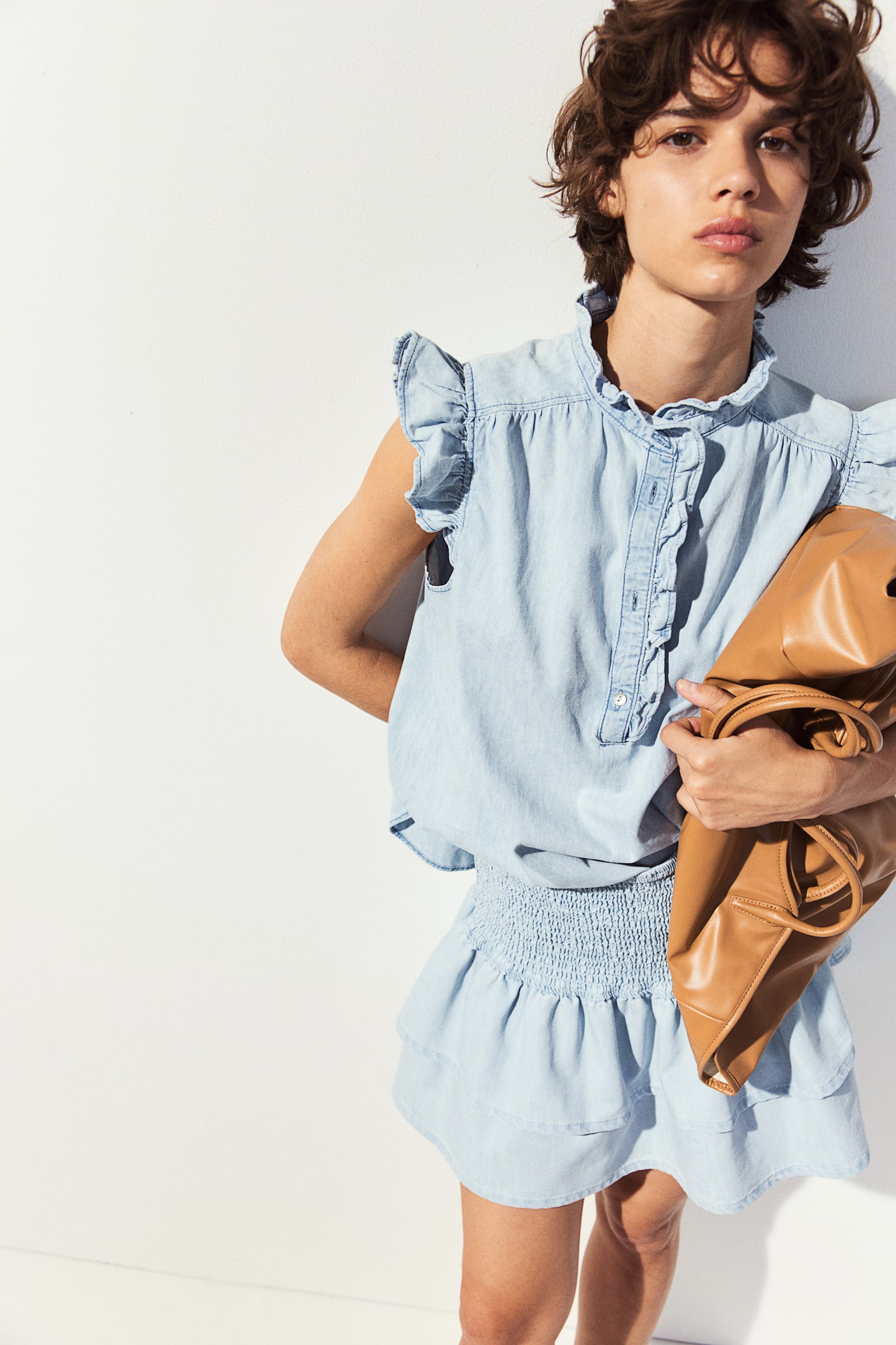 Flutter Sleeve Denim Blouse - Light denim blue/Denim blue - 1