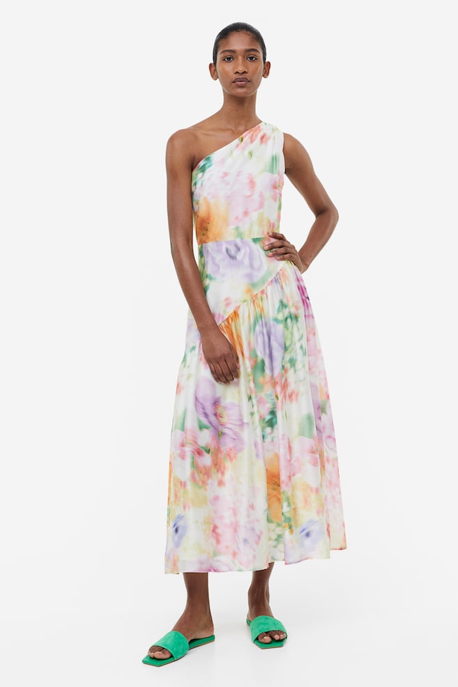 Lyocell-blend one-shoulder dress - Cream/Floral/White/Black striped - 1