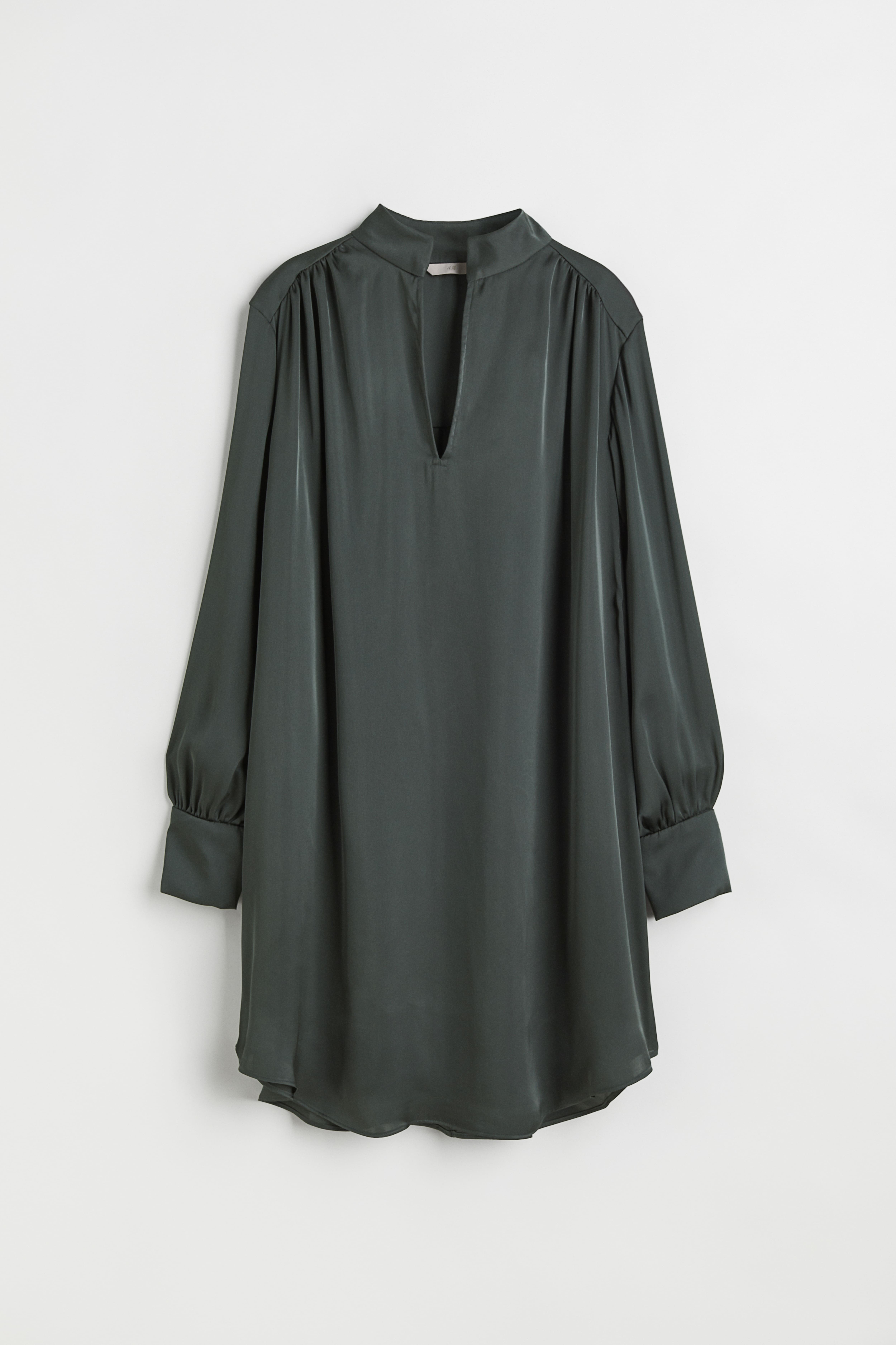 Satin Tunic Dress - V-neck - Long sleeve - Dark green - Ladies | H&M US