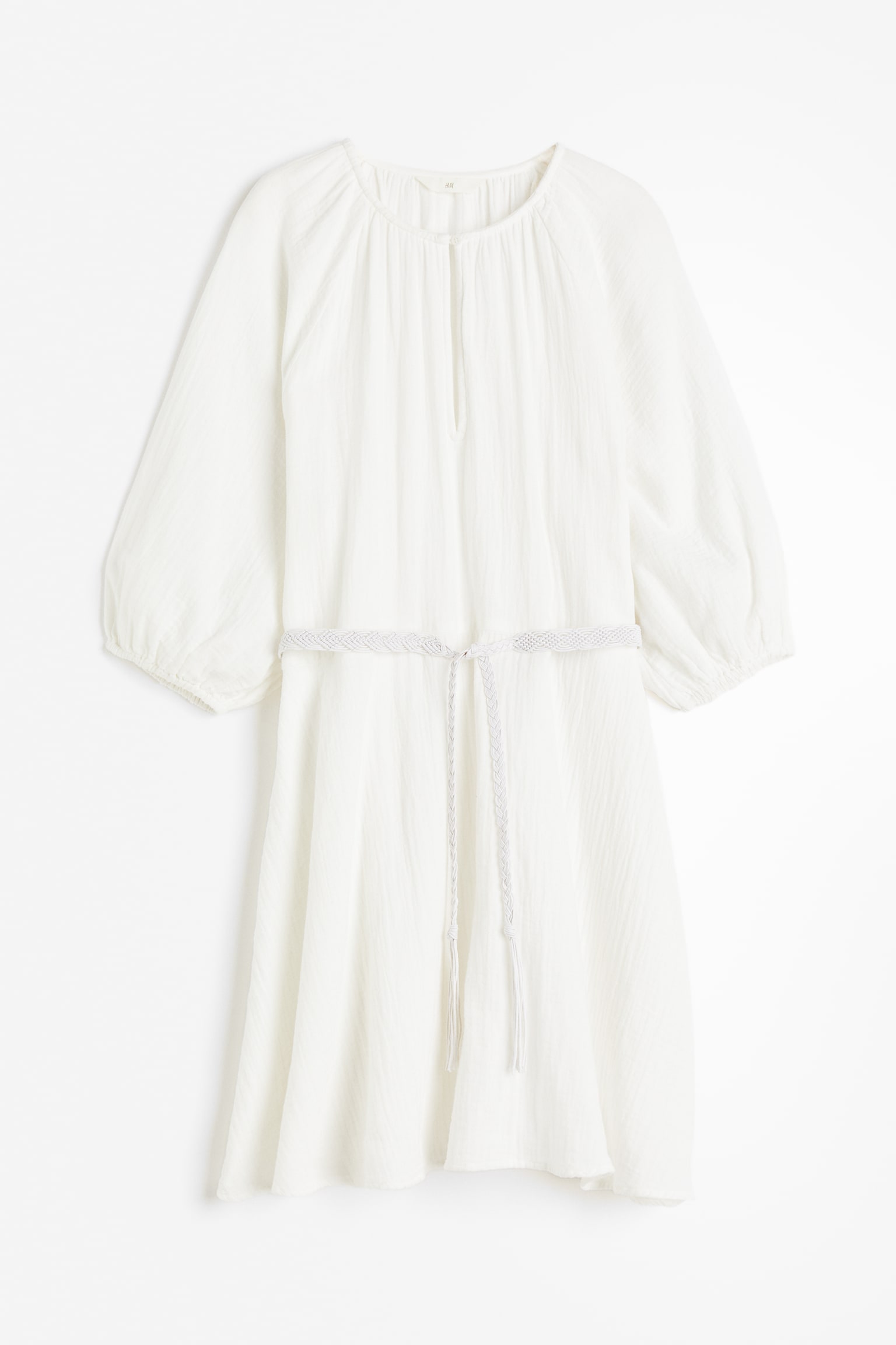 Tie Belt Muslin Dress - White - 1