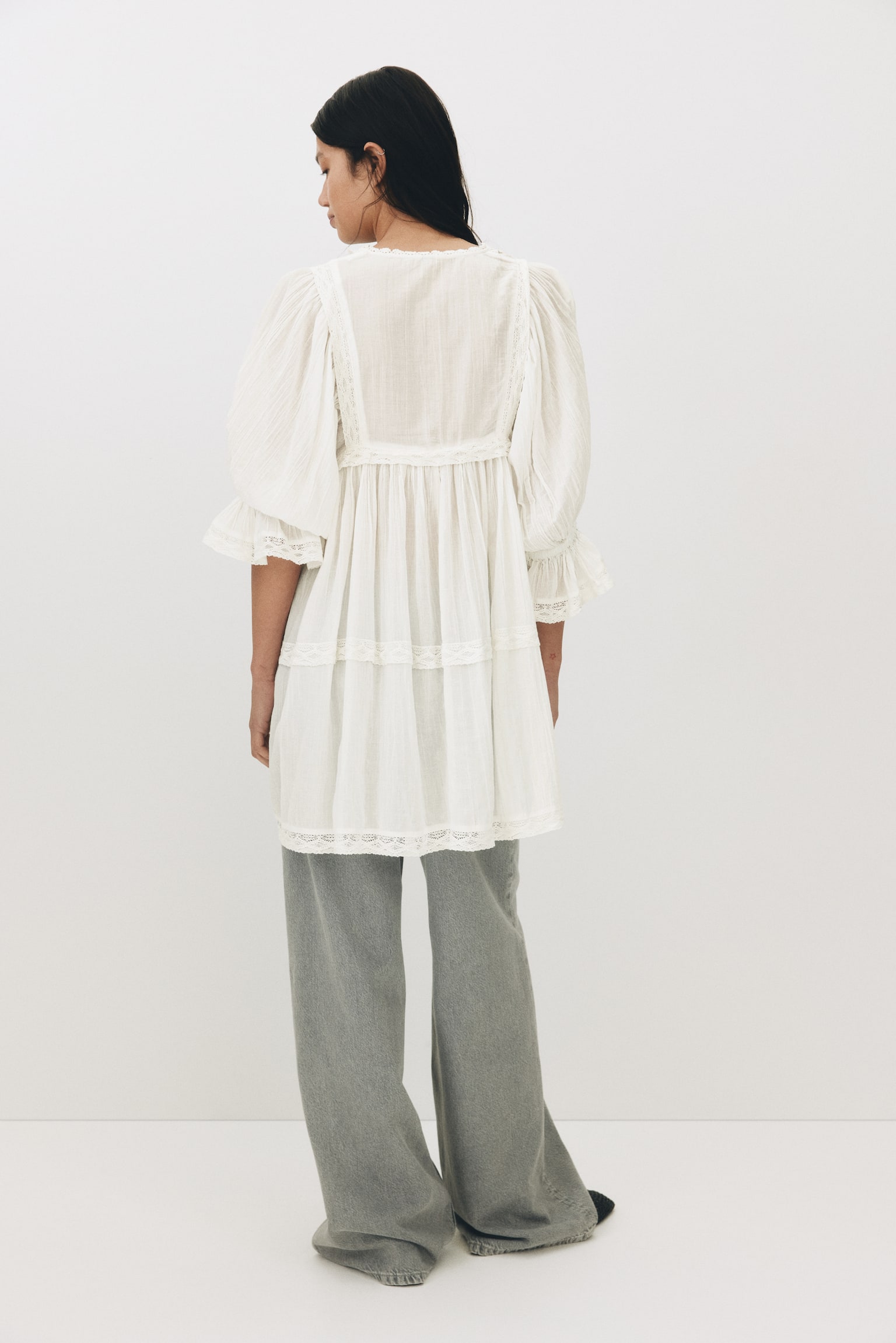 Lace-trimmed cotton dress - White/Charcoal grey - 3