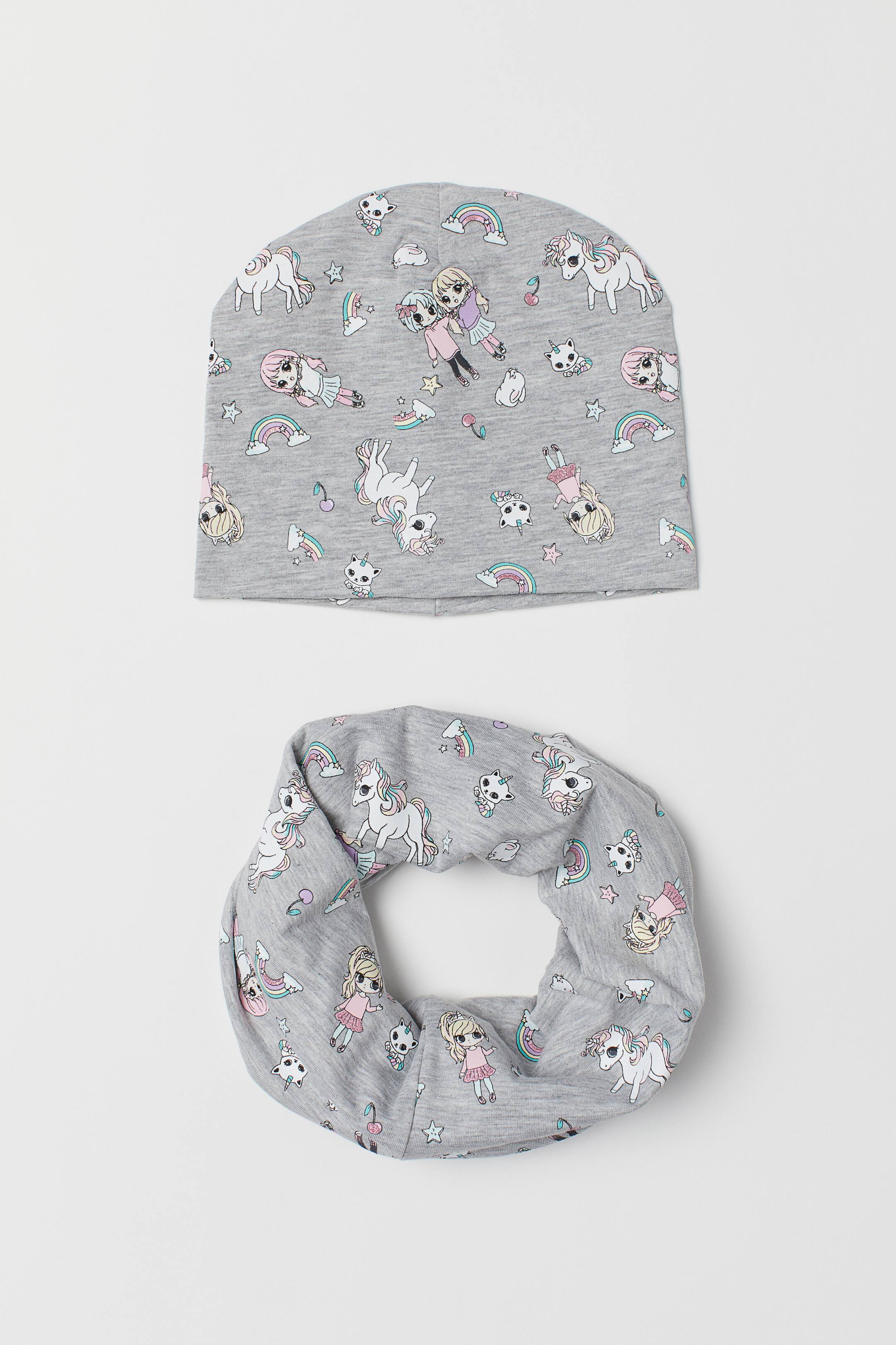 Größeres Bild ansehen: Schlauchschal und Mütze - Hellgrau/Einhörner - Kids | H&M DE 1