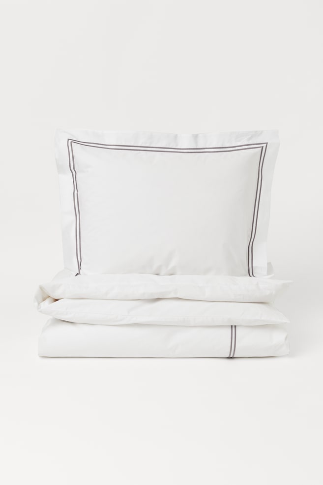 Enkelt sengesæt i bomuldspercale - Hvid/Gråbeige/Hvid - 1