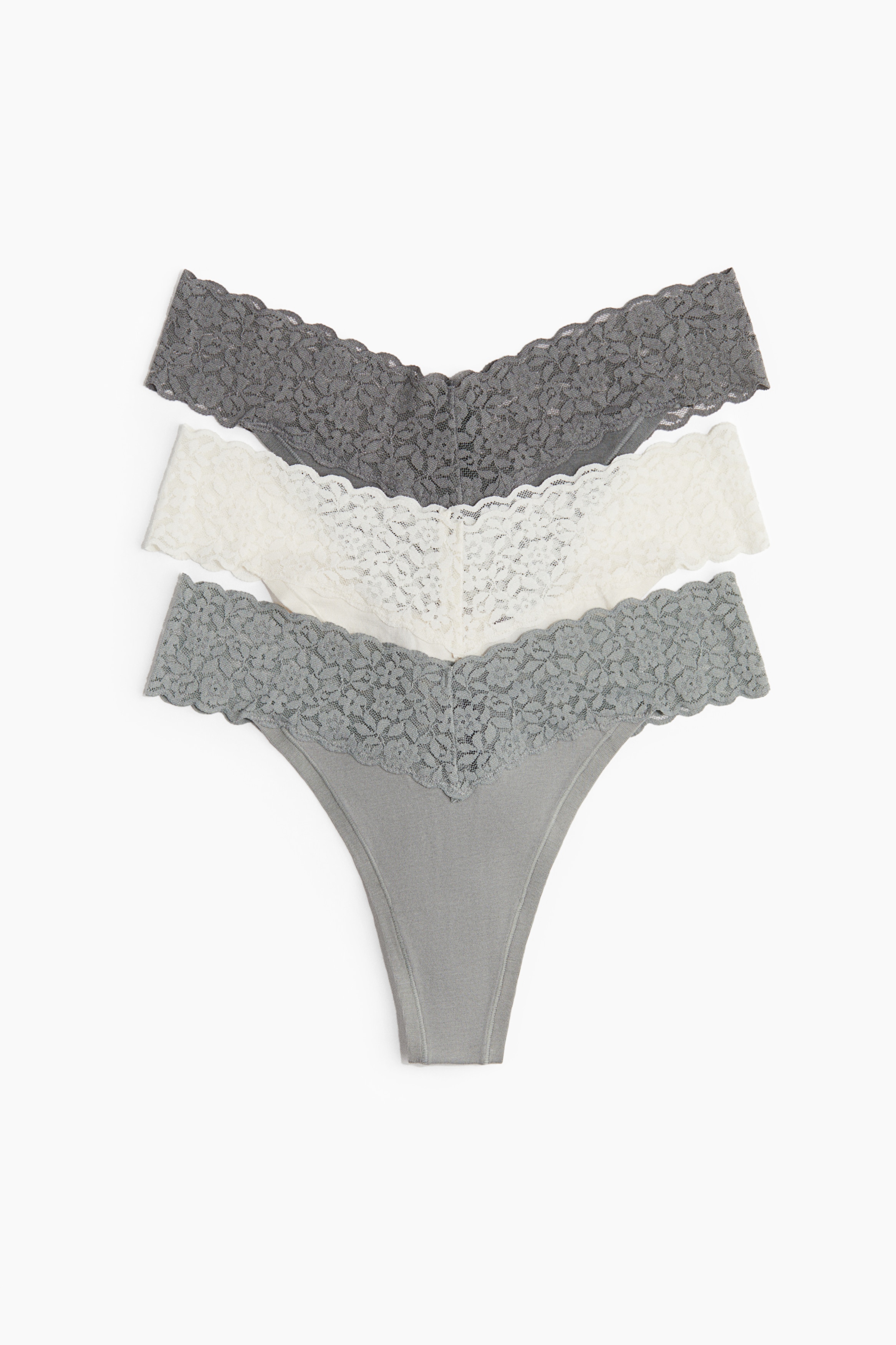 Figi thong z bawełny i koronki 3-pak - Szarozielony/Kremowy