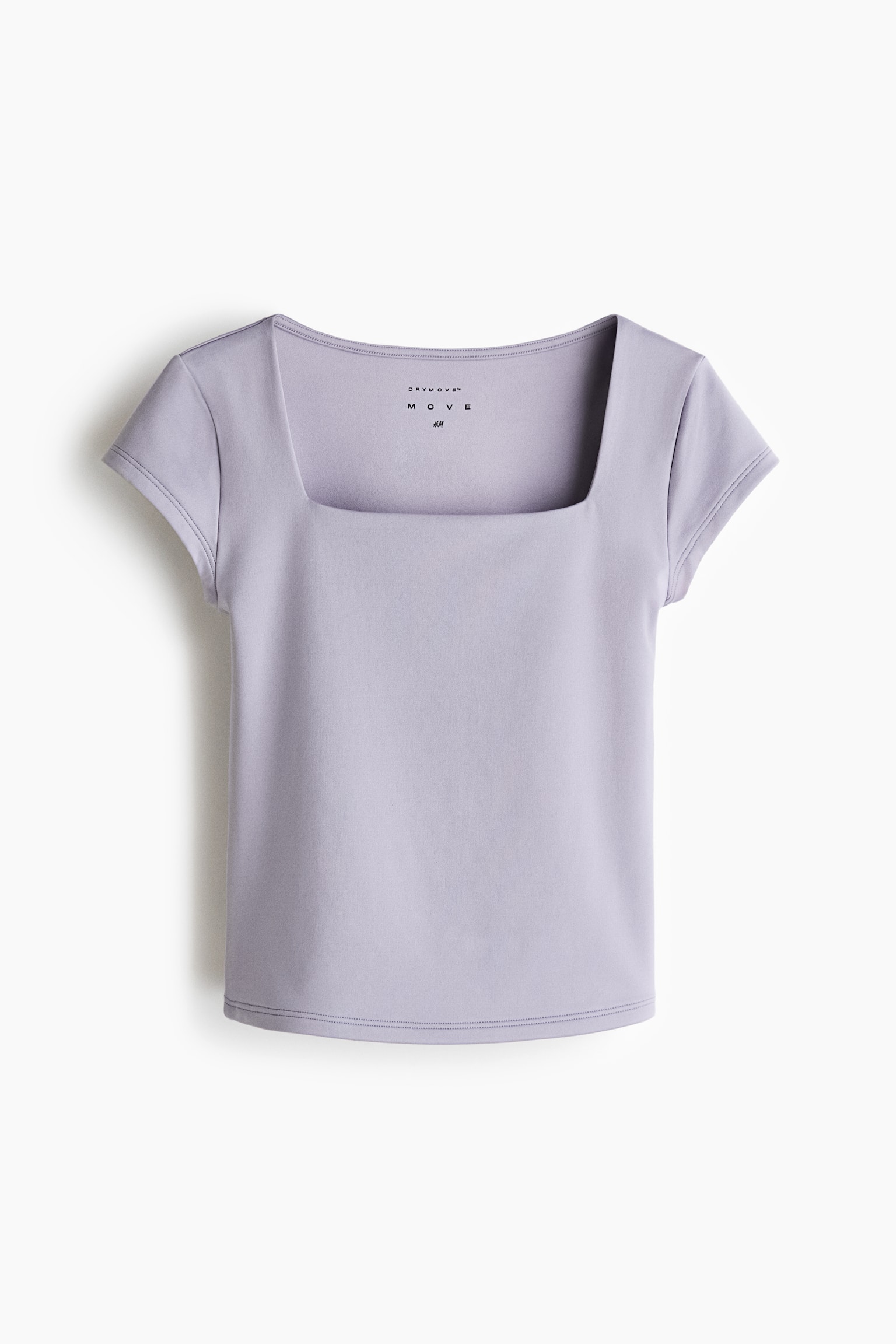 Un top deportivo de color lila claro con cuello cuadrado muestra su vista frontal, con mangas cortas tipo cap y un acabado suave. El interior del cuello exhibe las marcas "DRYMOVE", "MOVE" y "H&M". - 1