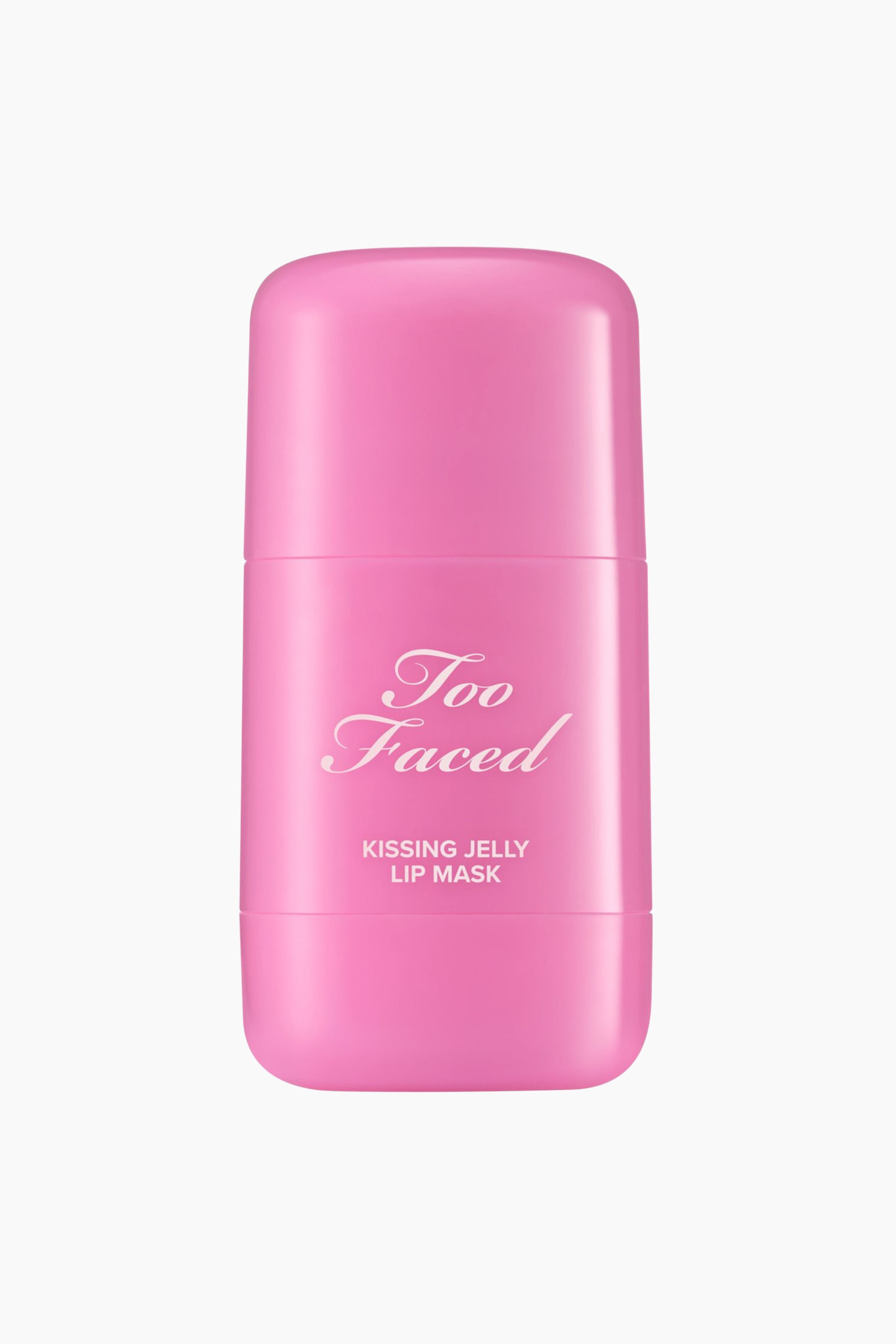 Visa större bild: En ljusrosa, rektangulär Too Faced Kissing Jelly Lip Mask-behållare står upprätt och är vänd framåt. Vit text visas på dess framsida, med "Too Faced" i ett skrivstilsformat placerat ovanför "KISSING JELLY LIP MASK" i ett sans-serif-typsnitt. Behållaren har även rundade hörn och en synlig horisontell locklinje runt dess mitt.