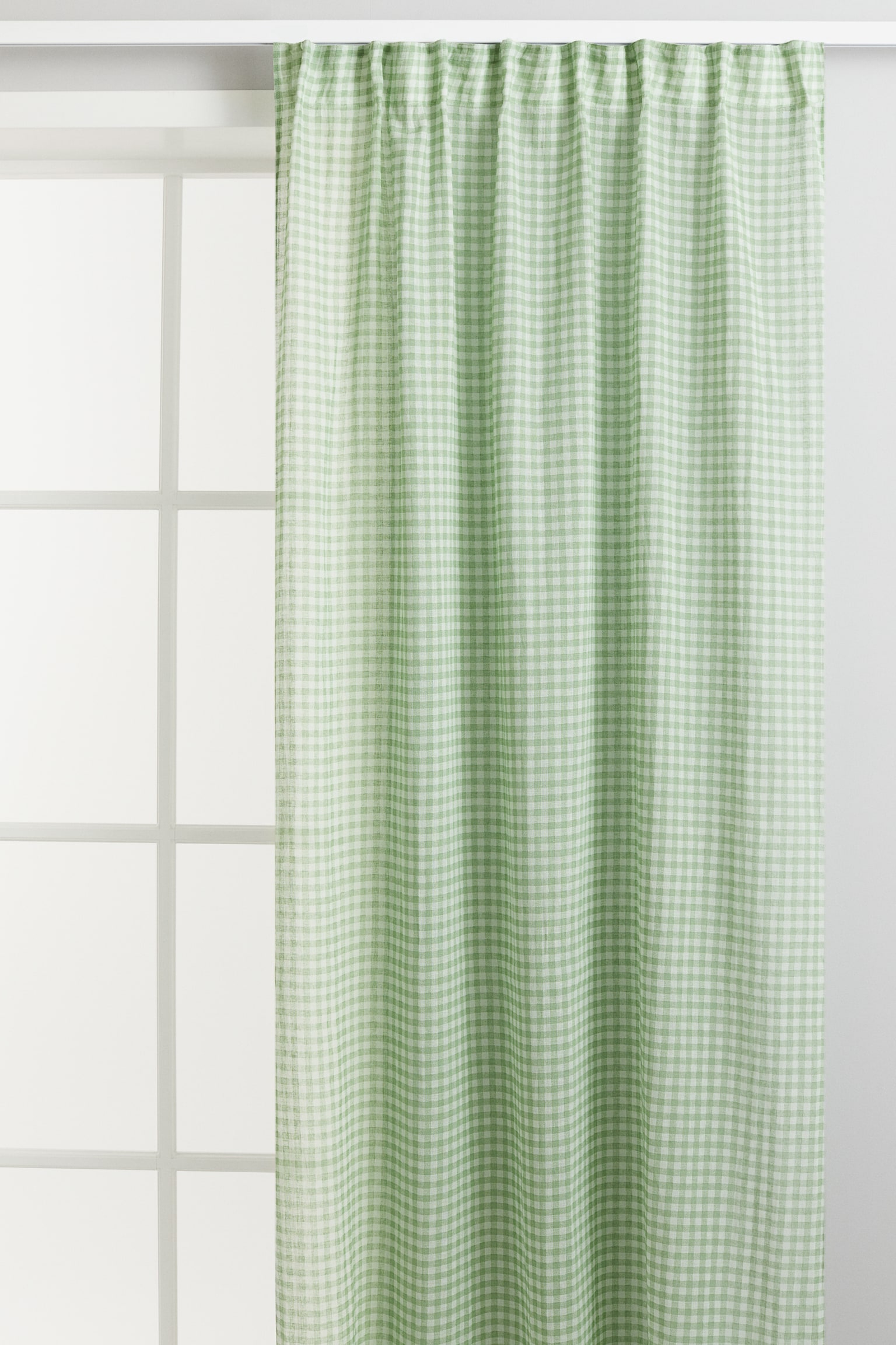 2-pack checked linen-blend curtain lengths - Light green/Gingham-checked