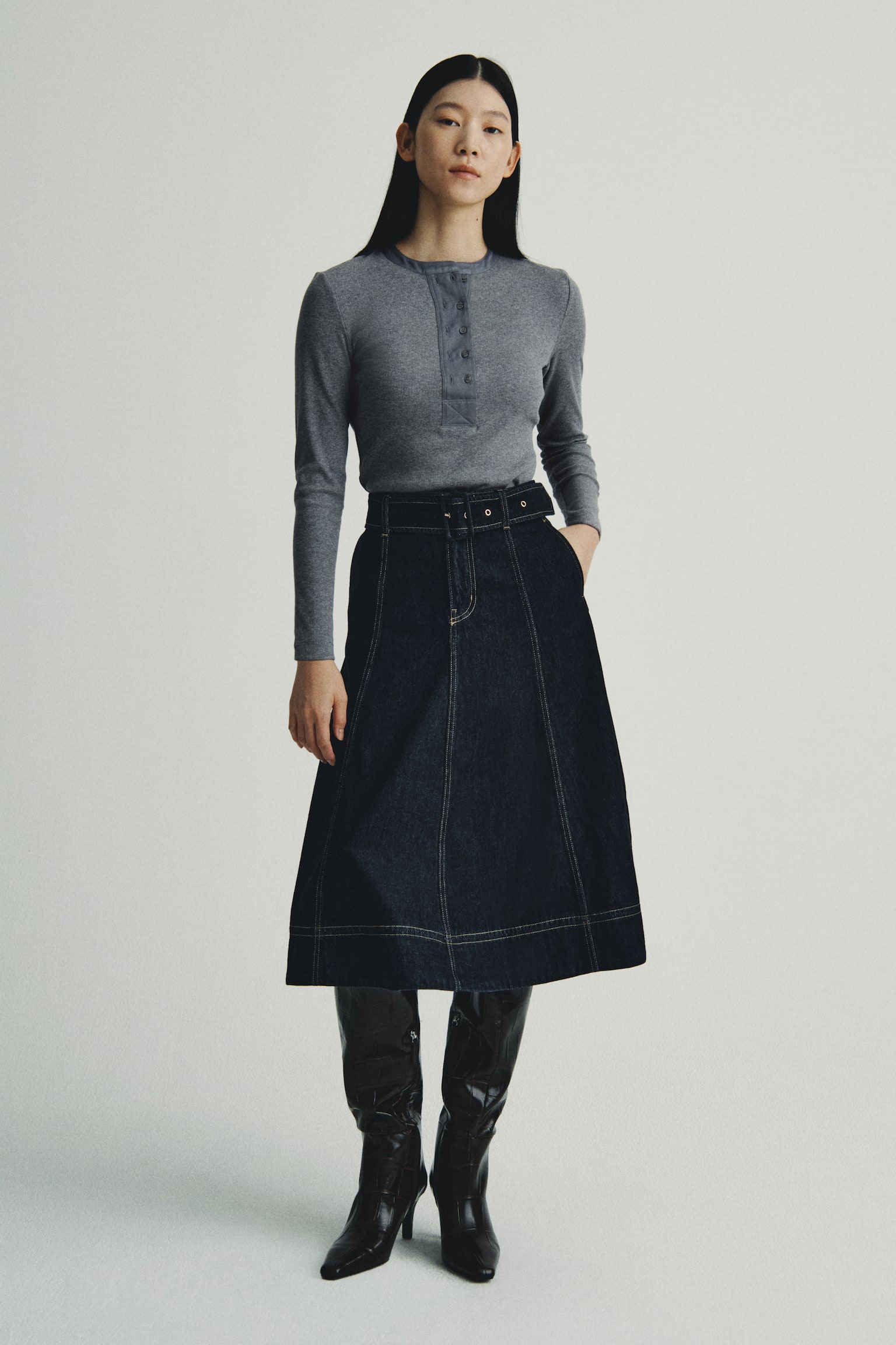 リブニットトップス - グレーメランジ/ブラック/ライトダスティグリーン - 1