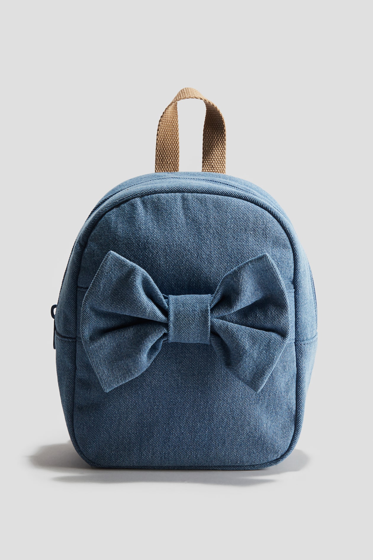 cheap mini denim backpack bottle holder on side Adjustable straps Gold metal hardware Sapphire nylon lined Mini Backpack | Denim