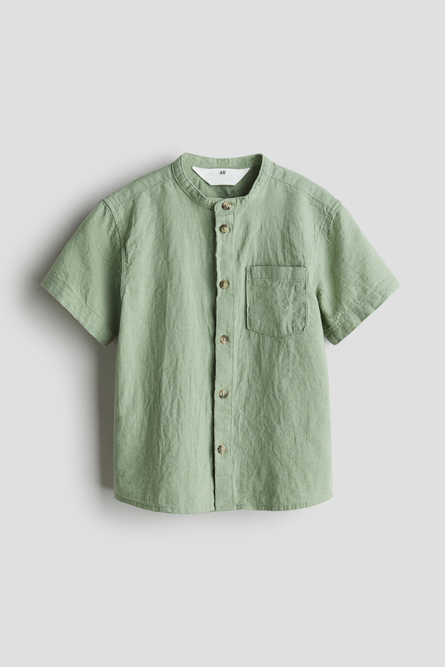 Linen Blend Grandad Shirt - Light khaki green/White/Light beige/Stripe - 1