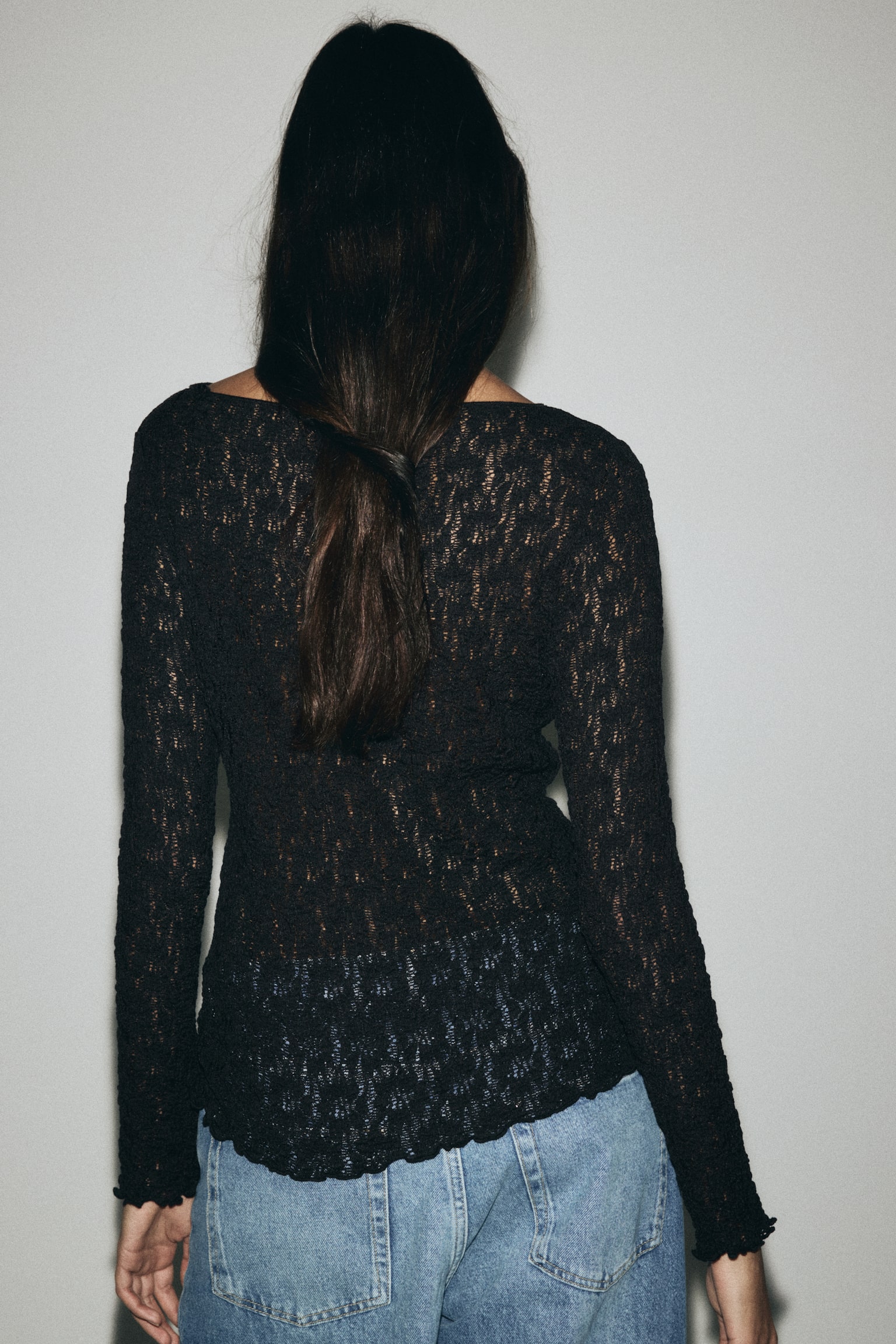Lace-look jersey top - Black/Light beige/Dark brown - 5