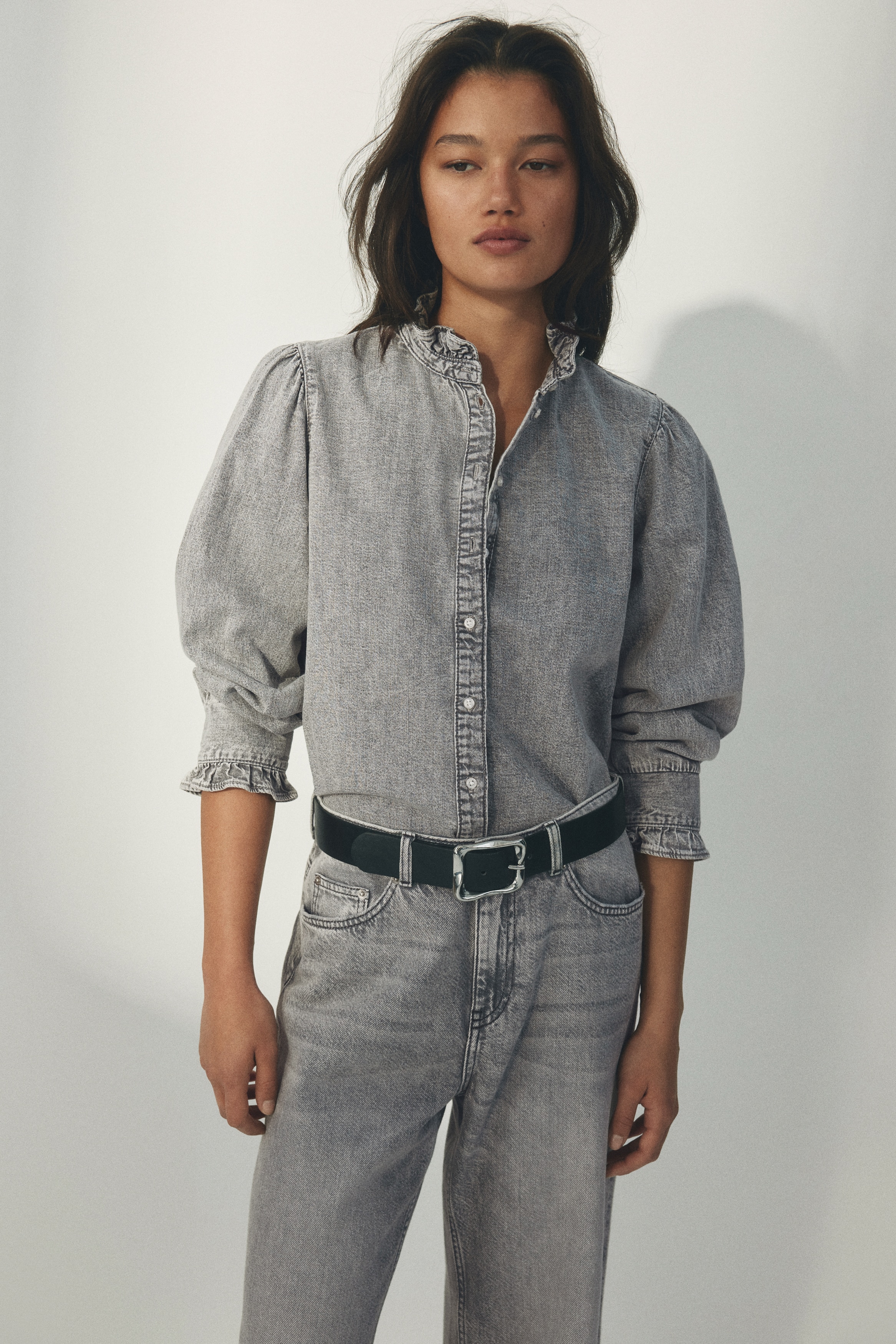 Ruffle-Trimmed Denim Blouse thumbnail 3