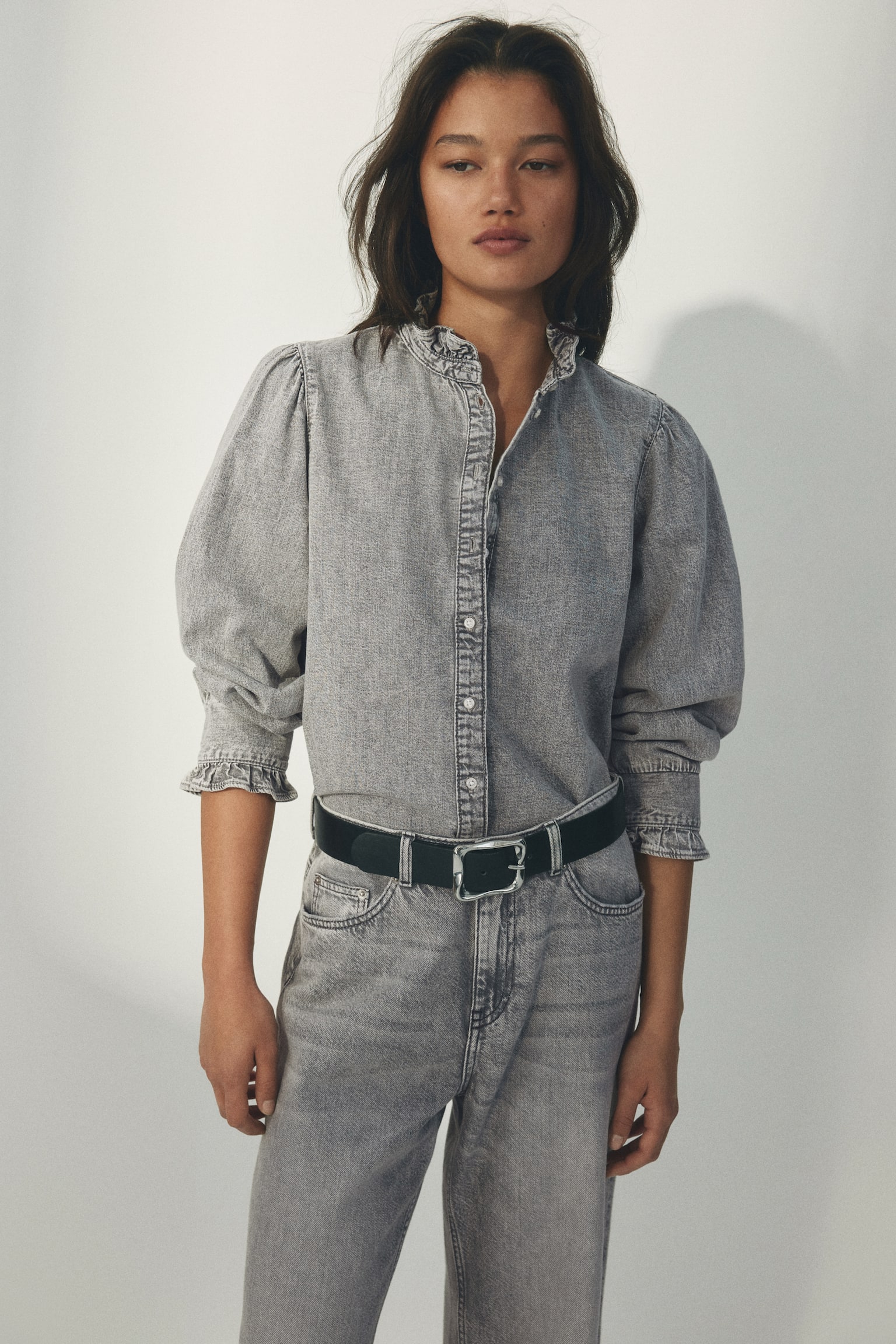 Blouse volantée en denim-Gris - 5