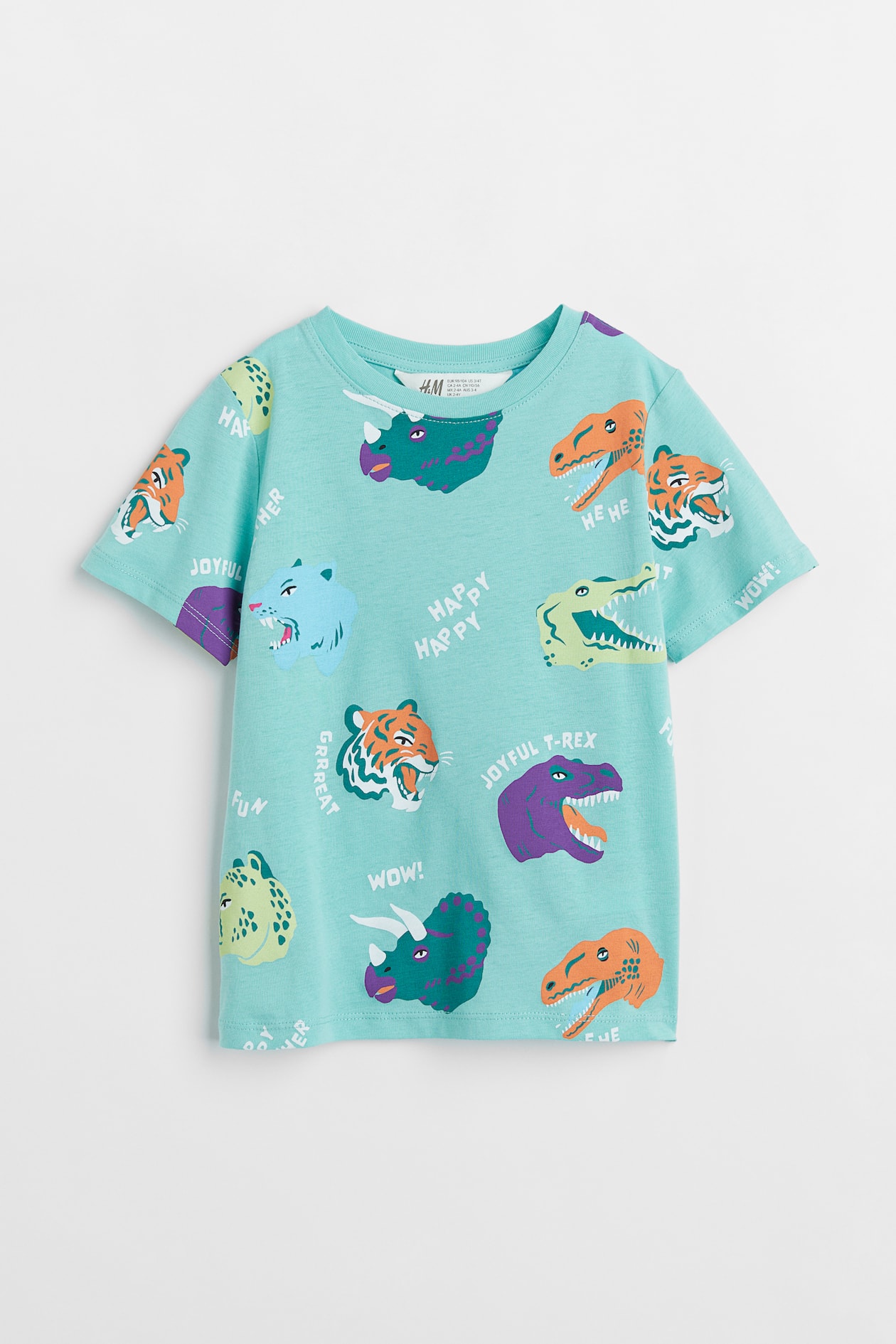 Printed T-shirt - Round neck - Short sleeve - Turquoise/Dinosaurs ...