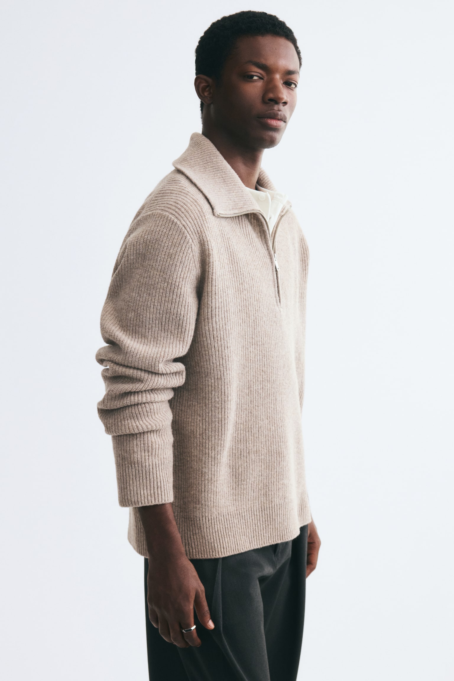 Мужской свитер H&M Regular-Fit Half-Zip Wool, цвет: Бежевый — фото 5