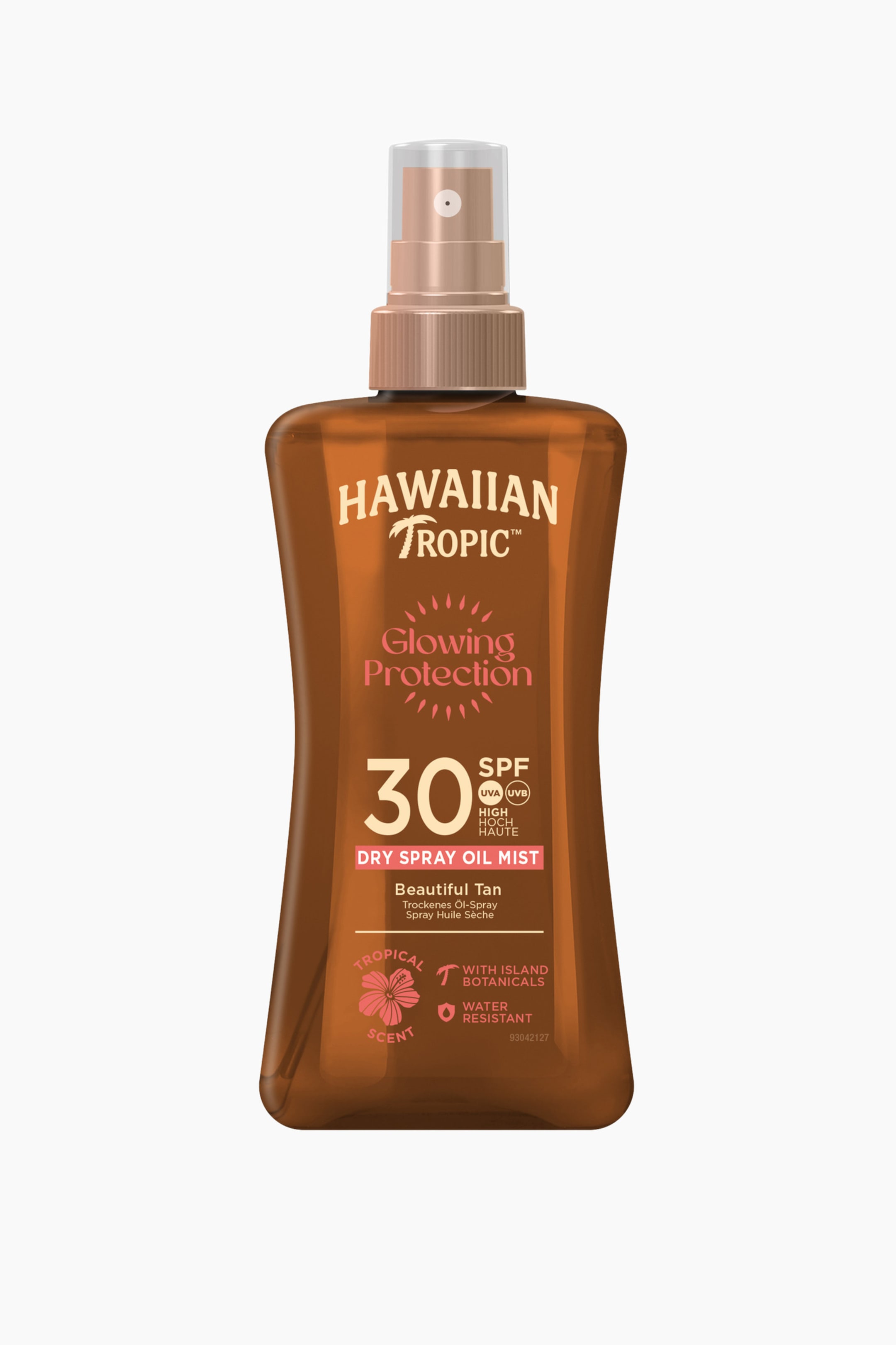 Visa större bild: En brun, genomskinlig flaska med Hawaiian Tropic torrsprayolja står upprätt och framåtvänd. Den har en roséguldfärgad pumpspraytopp med ett genomskinligt lock och en etikett som visar "Glowing Protection," "30 SPF," samt en hibiskusblomma för "Tropical Scent."