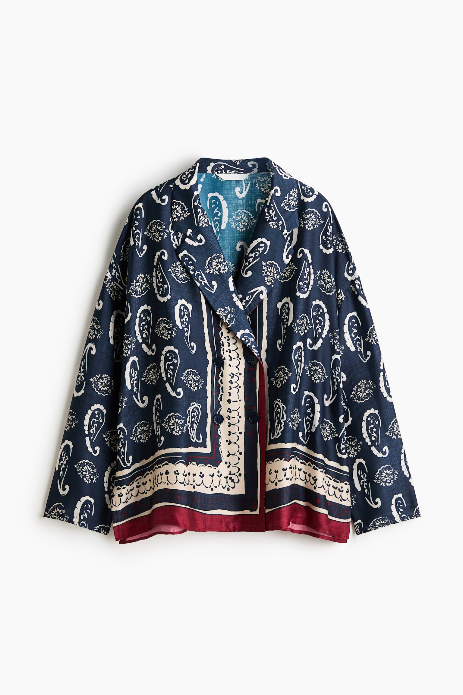 Dobbeltradet blazer med tryk - Marineblå/Paisleymønster - 1