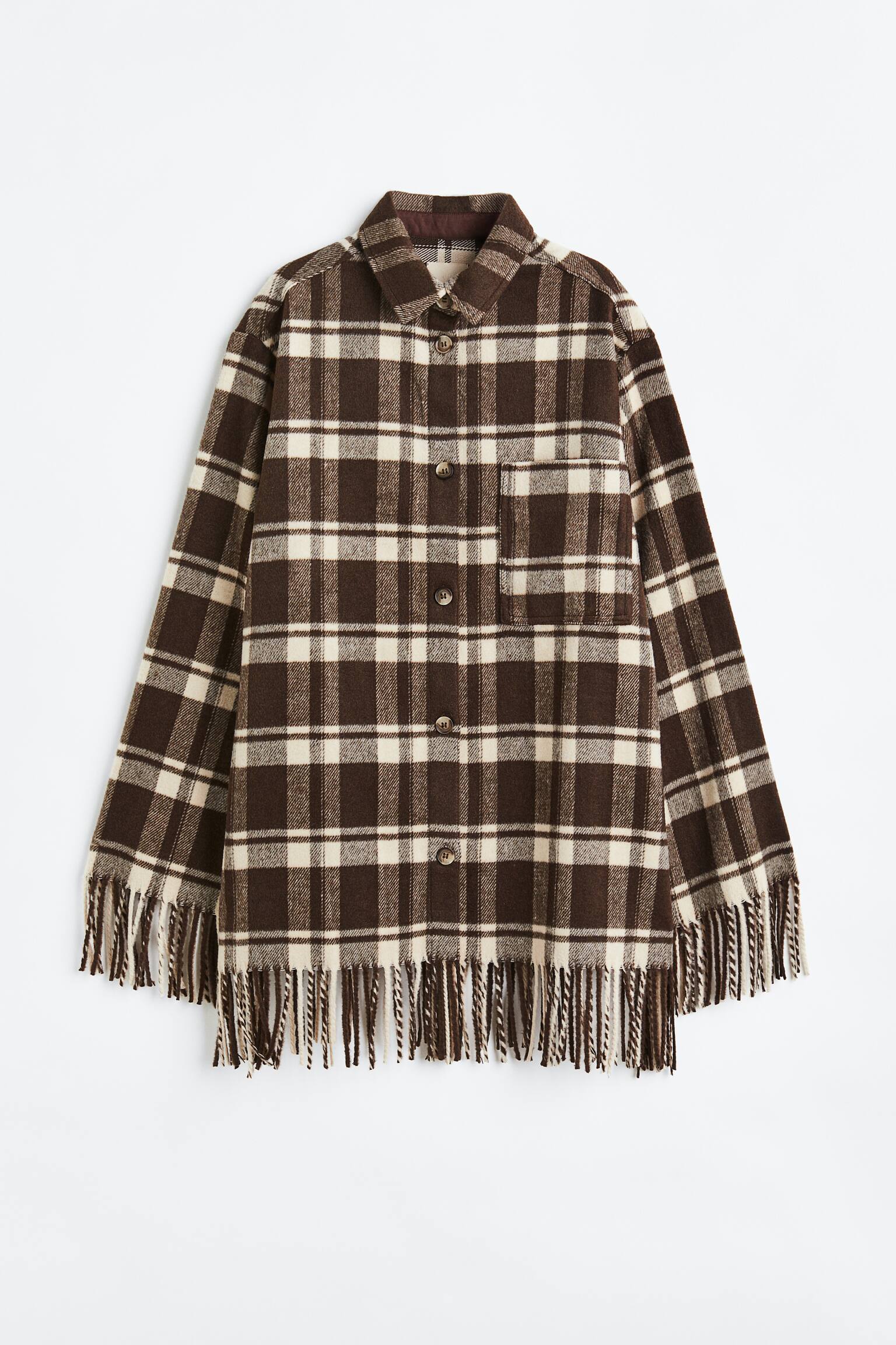 Fringe Trim Shirt Jacket - Dark brown/Check - 1