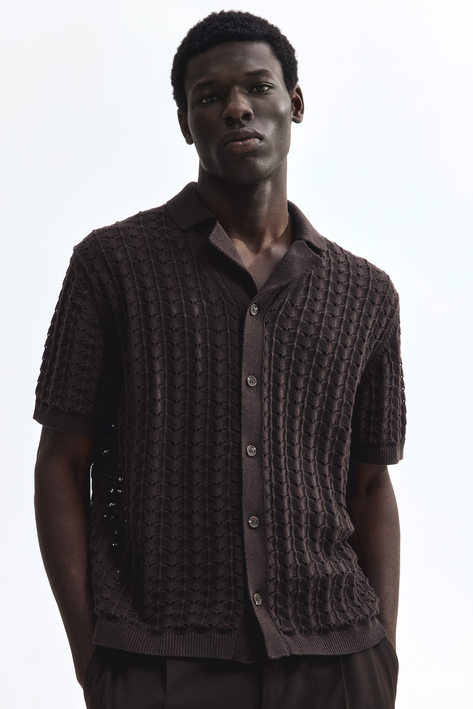 Relaxed Fit Pointelle-knit resort shirt - Dark brown/Cream - 1