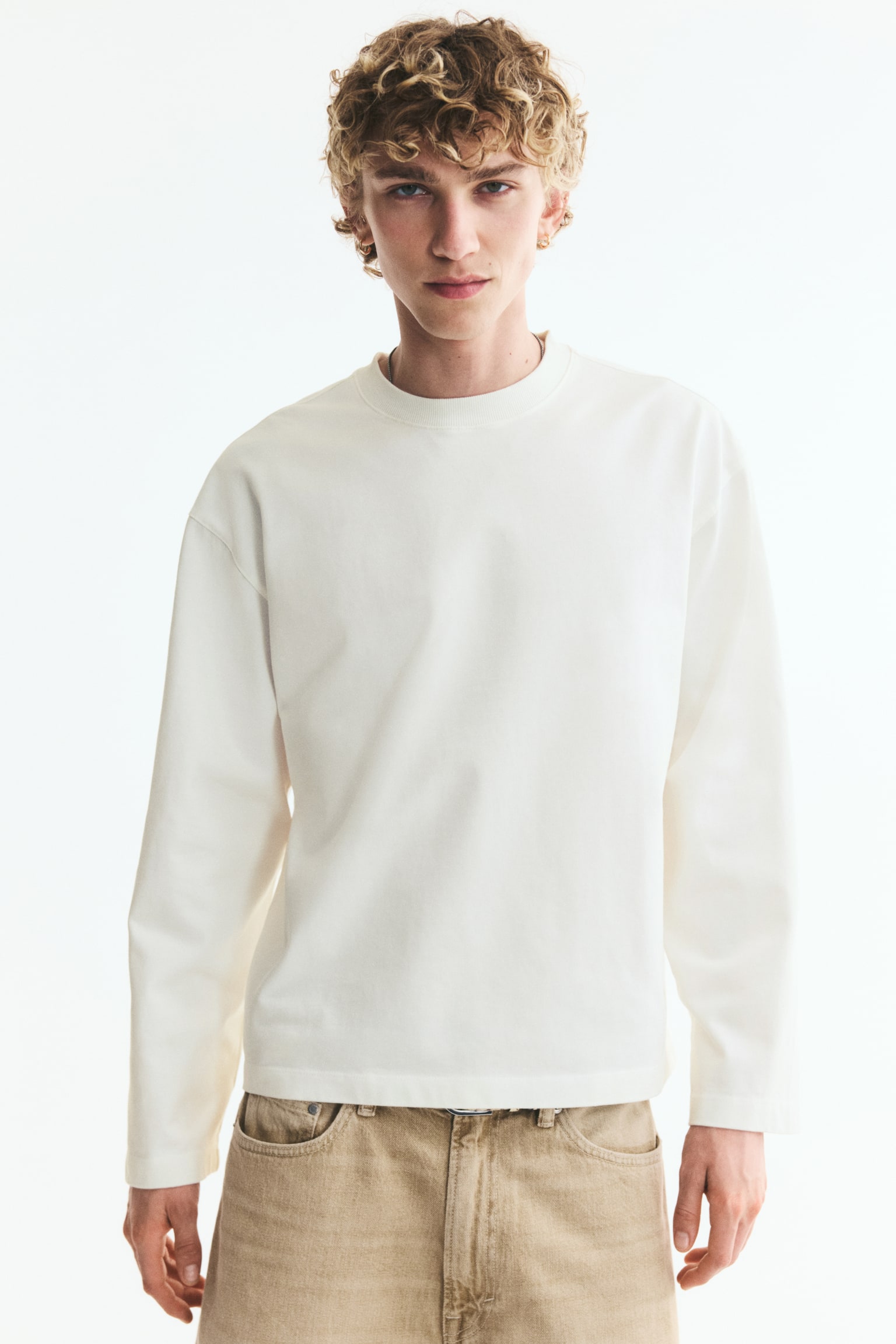Relaxed Fit Boxy long-sleeved T-shirt - Cream/Red - 1