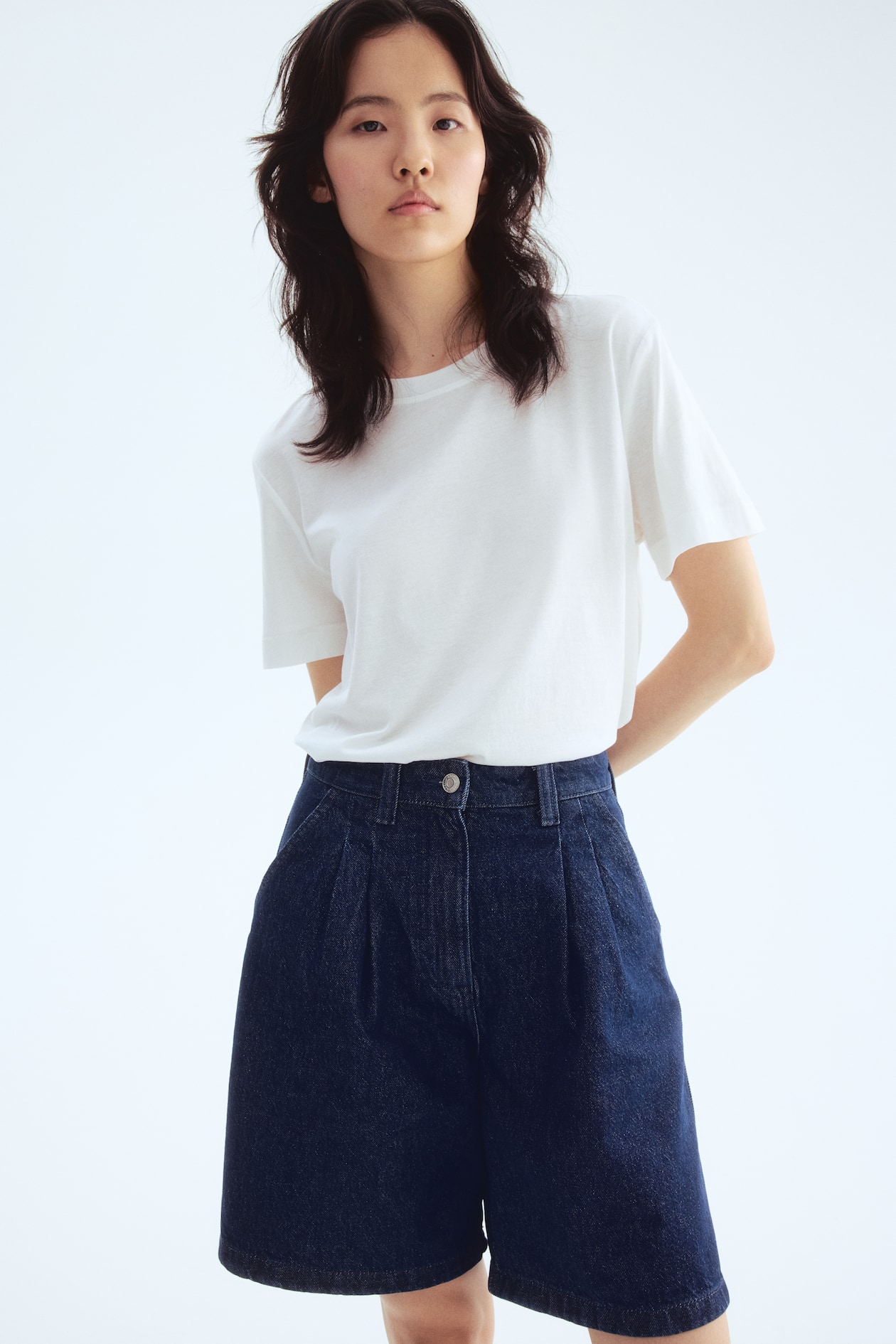 Pleated Denim Shorts