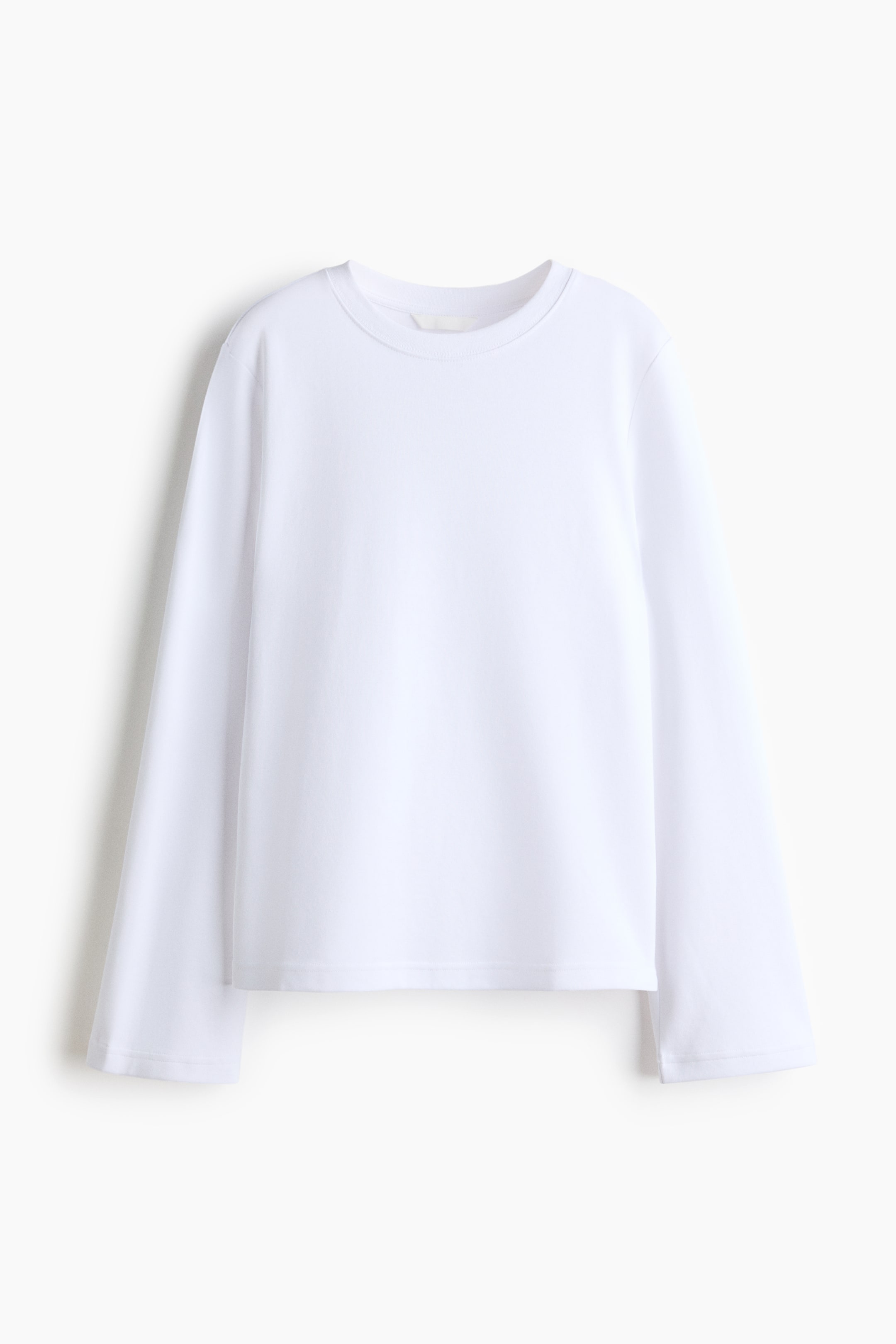 View larger image: A white long-sleeve top is shown flat from the front. It features a crew neck, long sleeves with a relaxed fit, and a straight hem.
