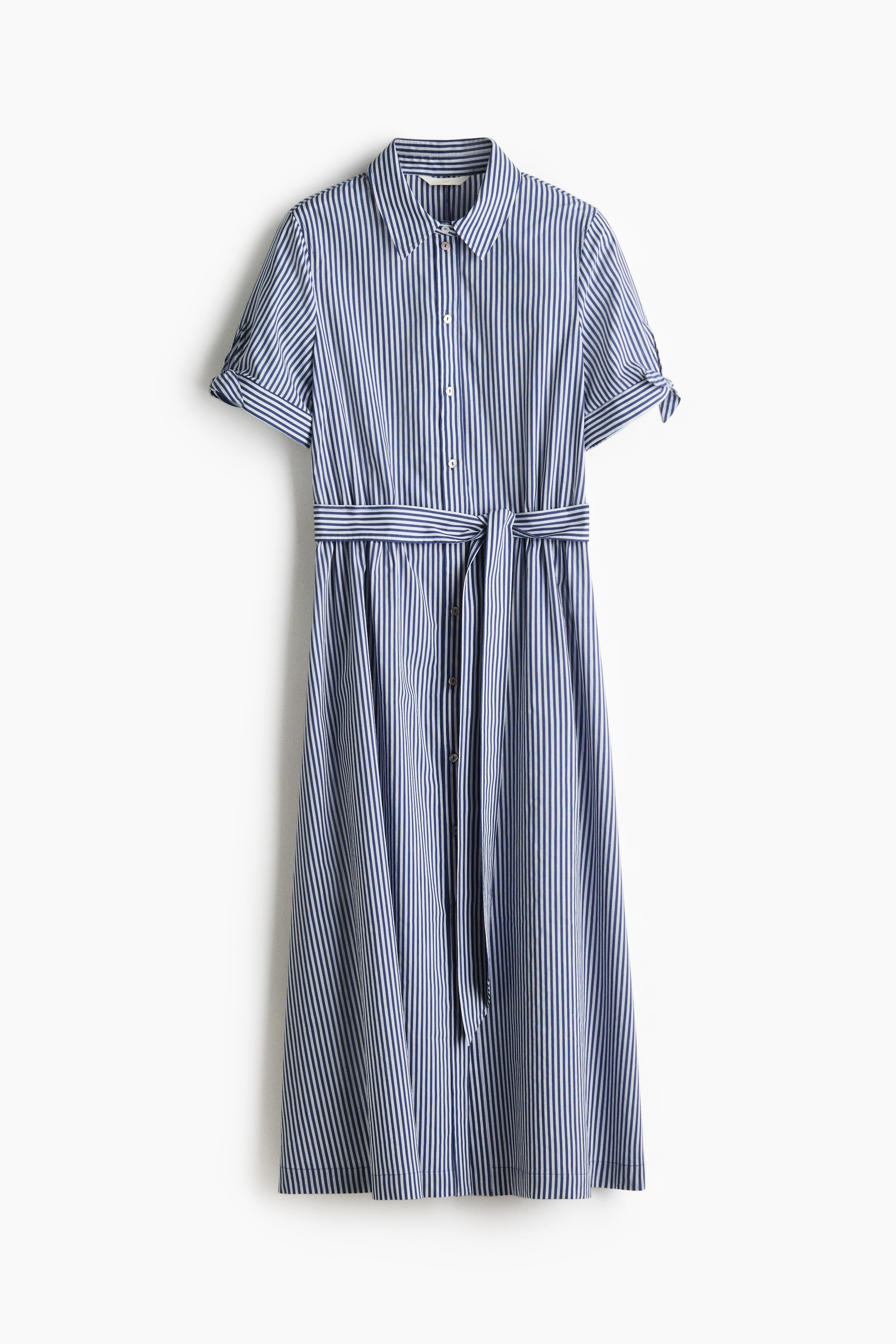 View larger image: A calf-length dress in woven fabric is presented as FRONT, featuring a blue-and-white striped pattern, a collar and buttons running down the front. It is designed with short sleeves detailed with a slit and wide ties at the cuffs, a gathered seam and a detachable tie belt at the waist, and a skirt that gently flares.