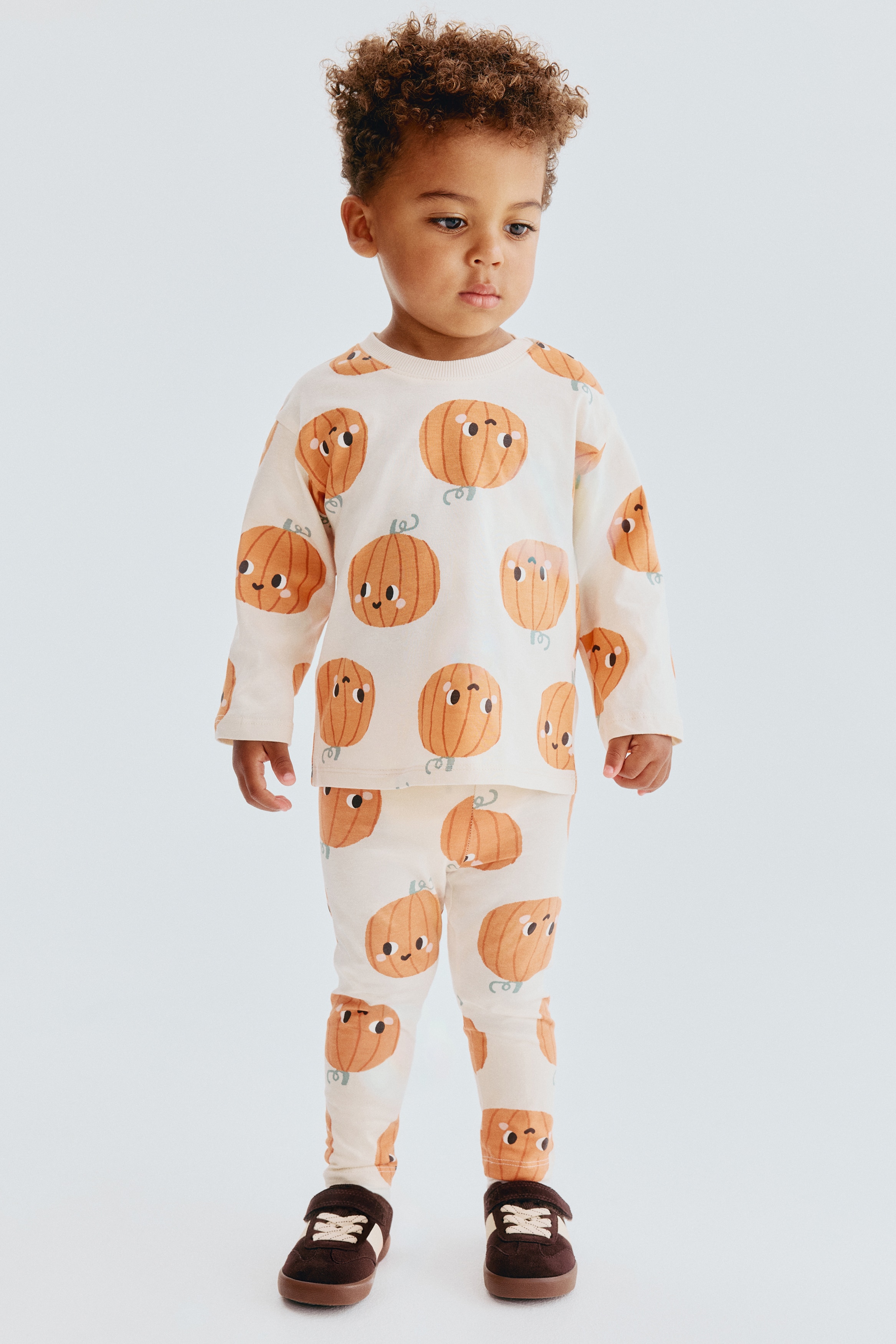 2件組棉質圖案套裝 - 淺米色/南瓜