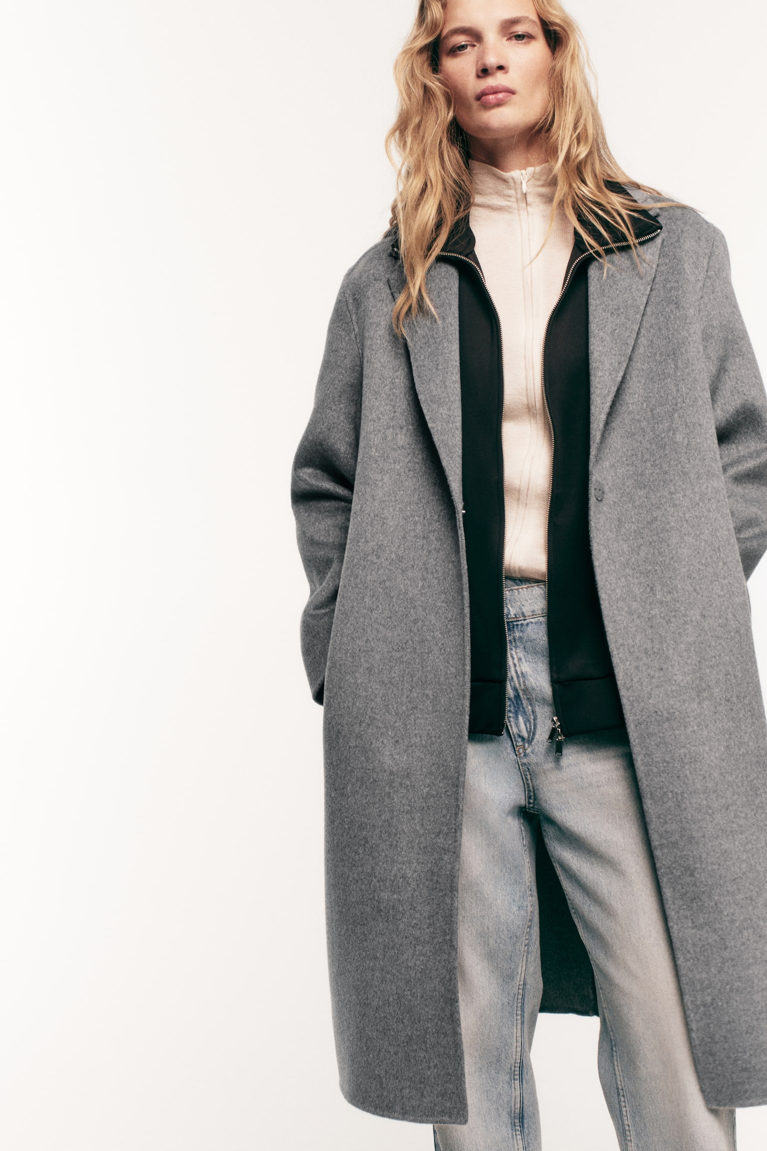 手工羊毛混紡大衣 - 灰色 - 5