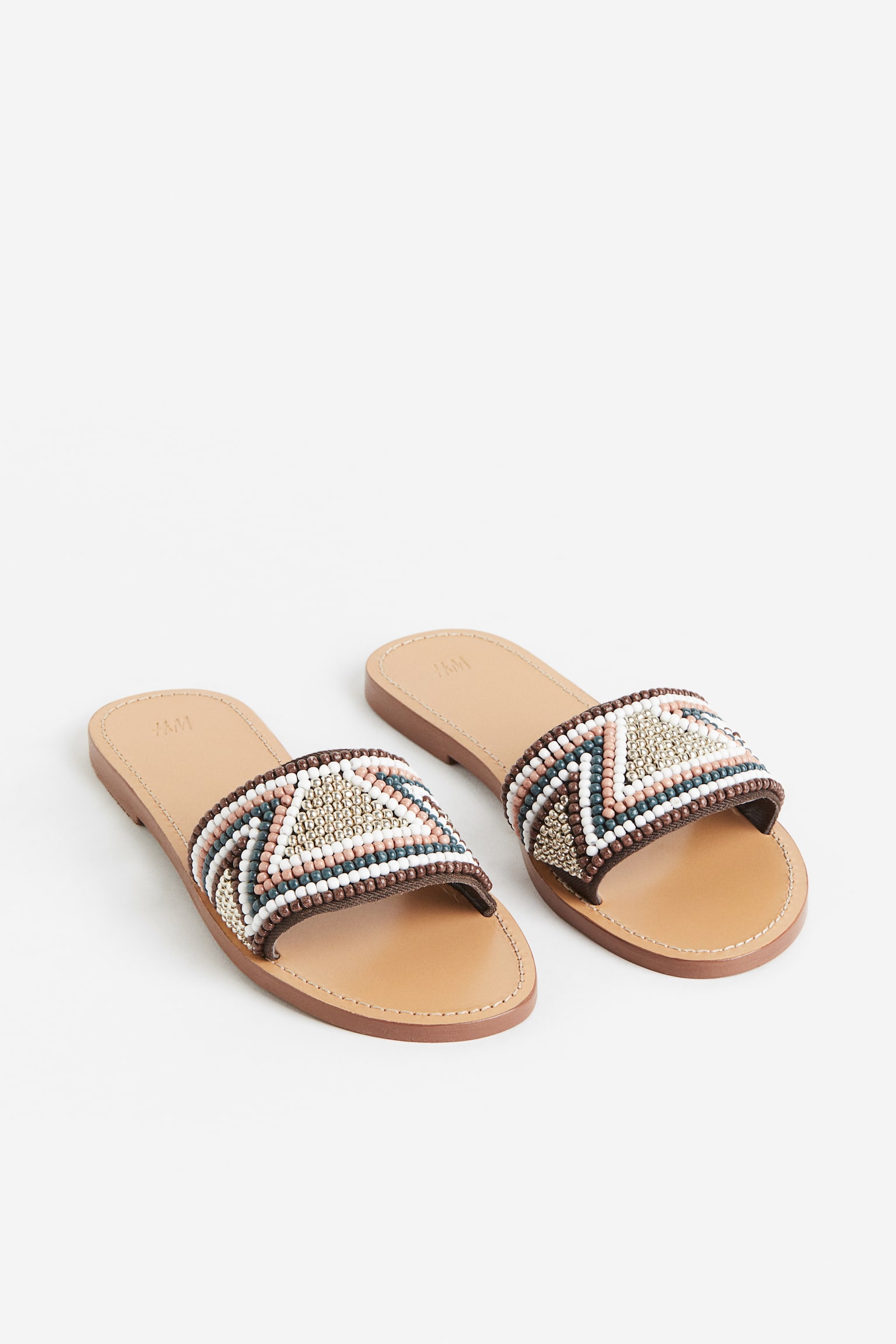 Bead Detail Leather Sandals - Beige/Pattern - 2