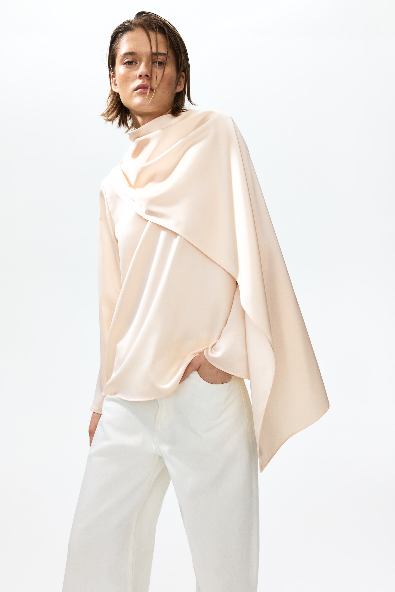 Shawl-detail satin blouse - 3