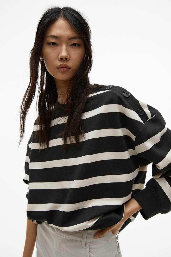 Button-detail sweatshirt - Black/White striped/Light beige/Striped - 3