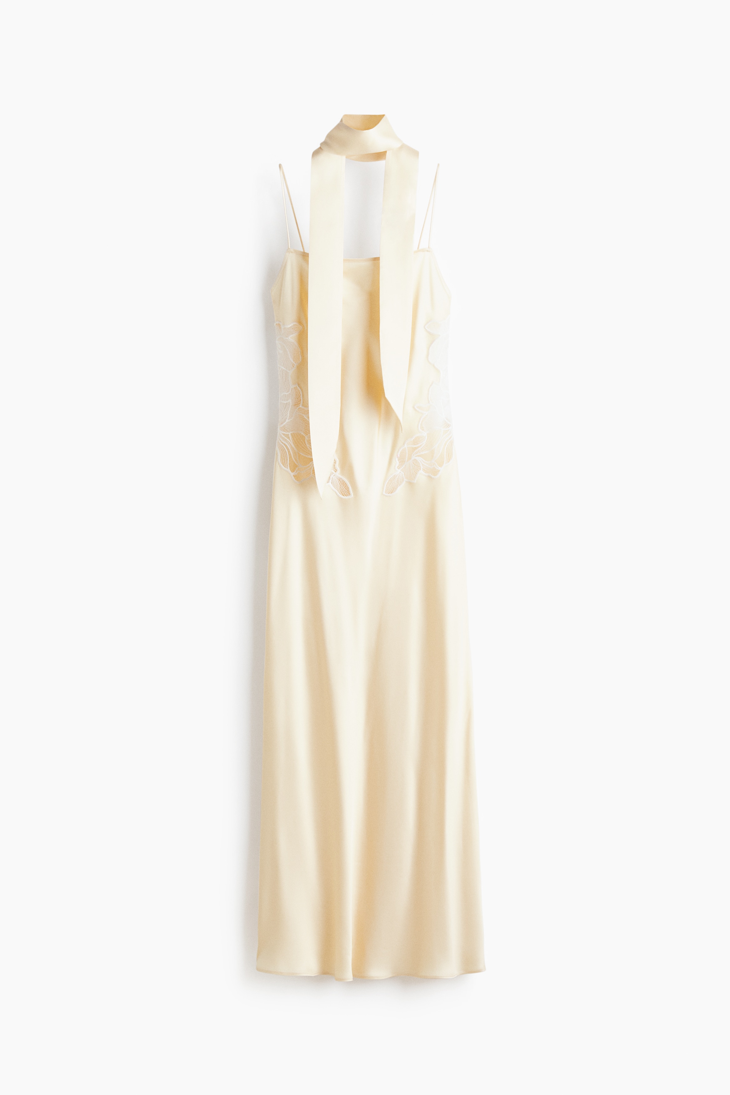 Lace-detail satin dress with scarf - Pale yellow