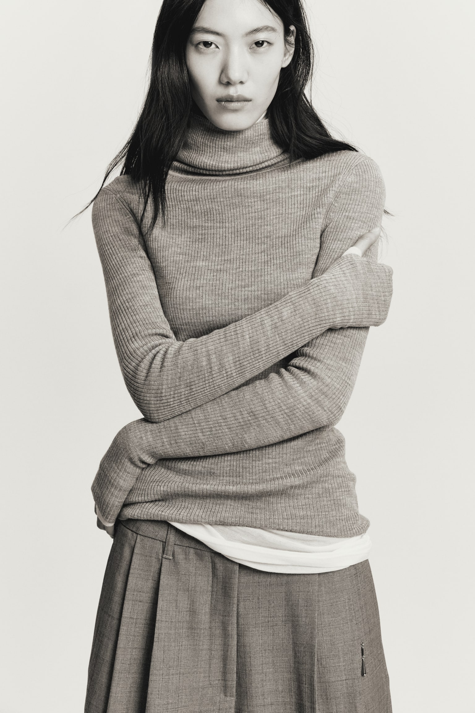 メリノウールロールネックトップス - グレーメランジ - 2