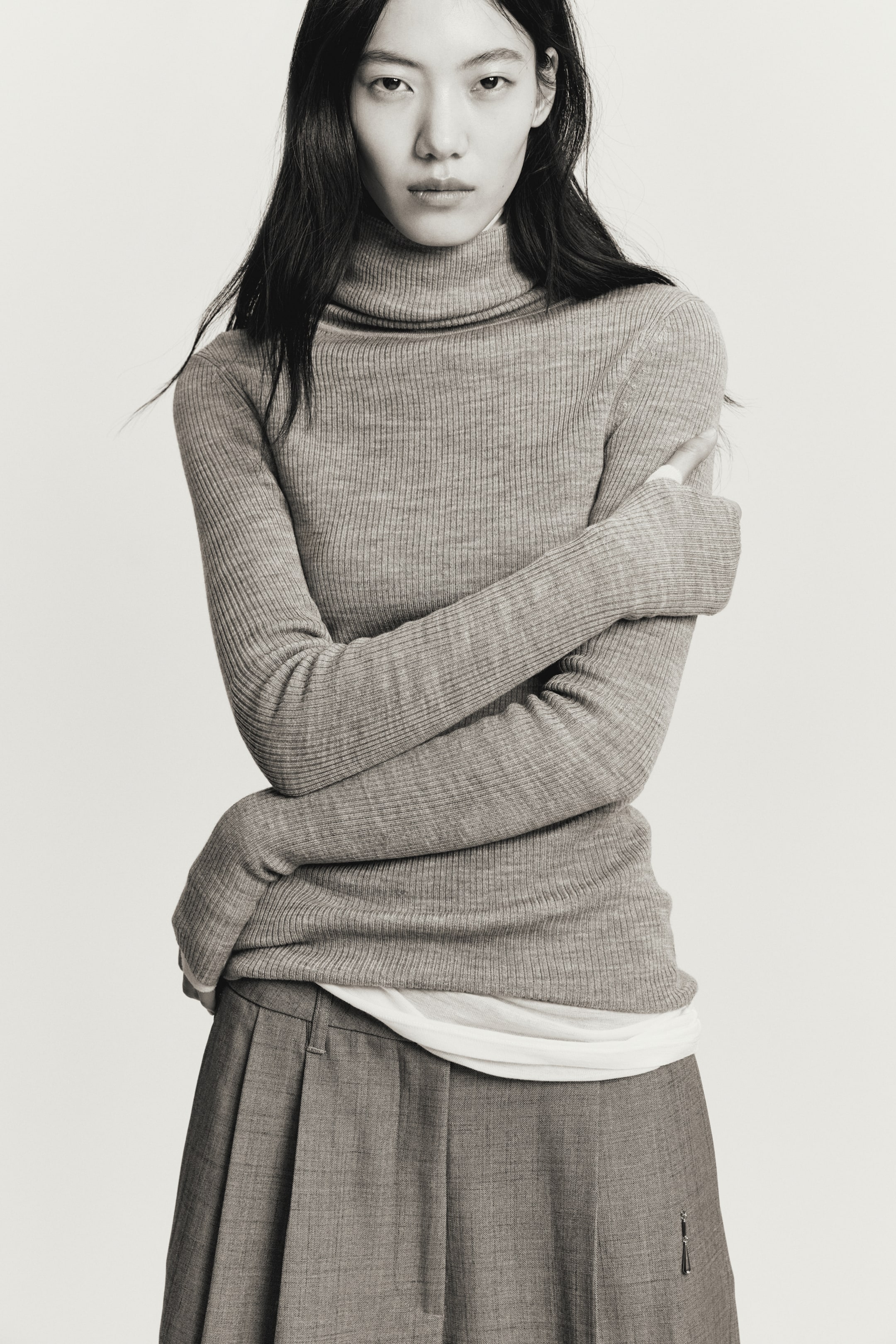 이미지 확대 보기: 메리노 울 롤넥 탑 - 그레이 멜란지 - 여성 | H&M KR 1