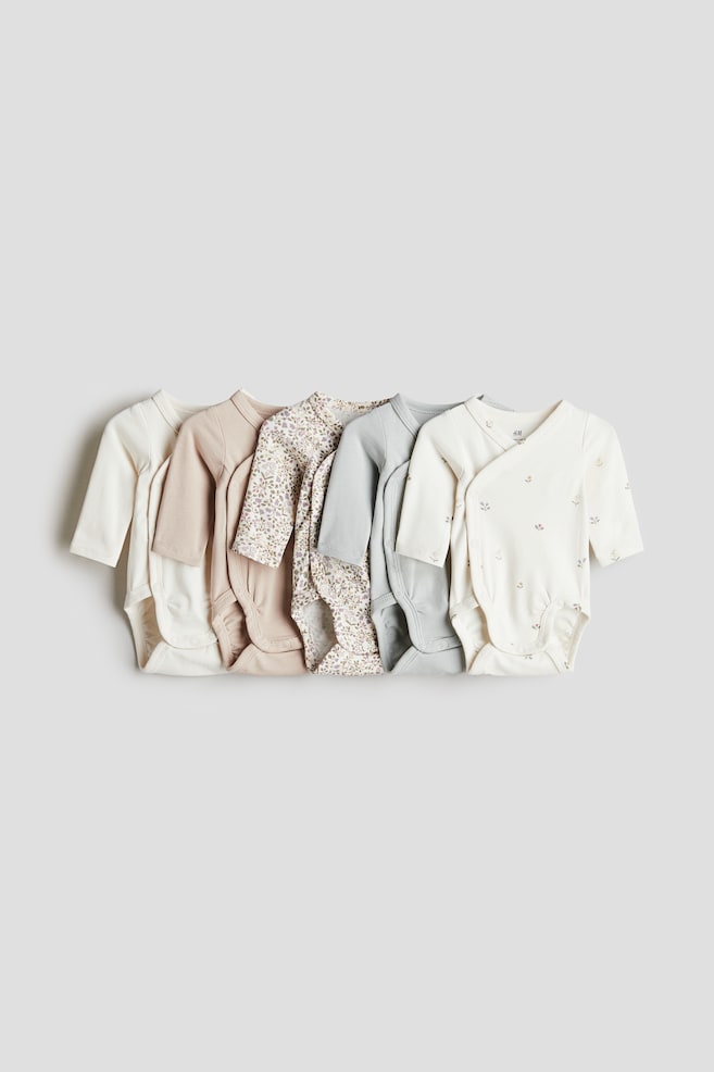 5-pack wrapover bodysuits - Light dusty pink/Floral/Beige marl/Mole/Dusty pink/Cherries/Dusty blue/Khaki green/Dusty pink/White/White/Giraffes/White/Giraffes/Turquoise/Teddy bears/Light dusty pink/Patterned/Cream/Strawberries/Dusty pink/Floral/White/Animals/Light beige/Pears/Light beige/Floral - 1