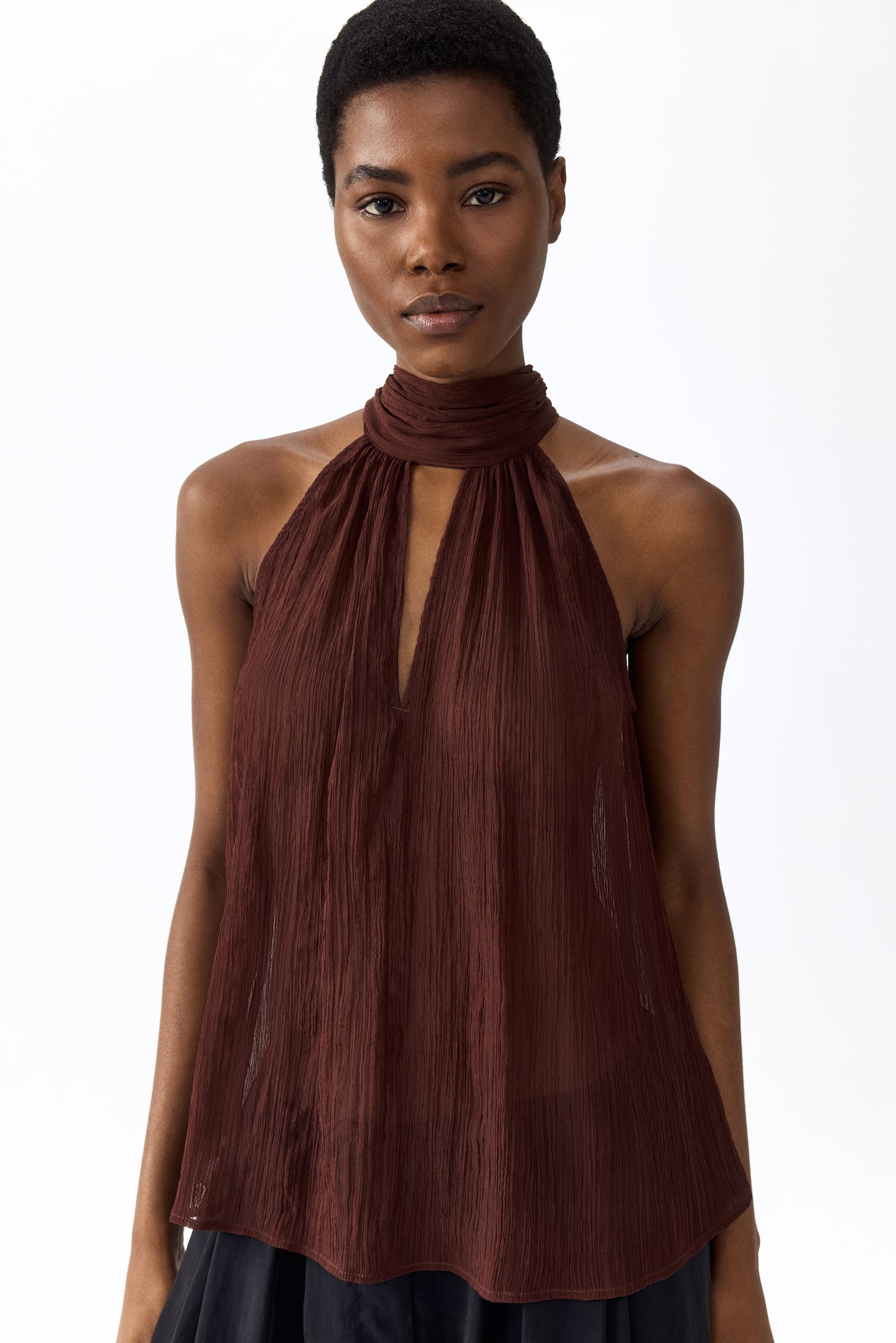 Scarf-collar chiffon top - Dark brown/Light beige/Leopard print - 6
