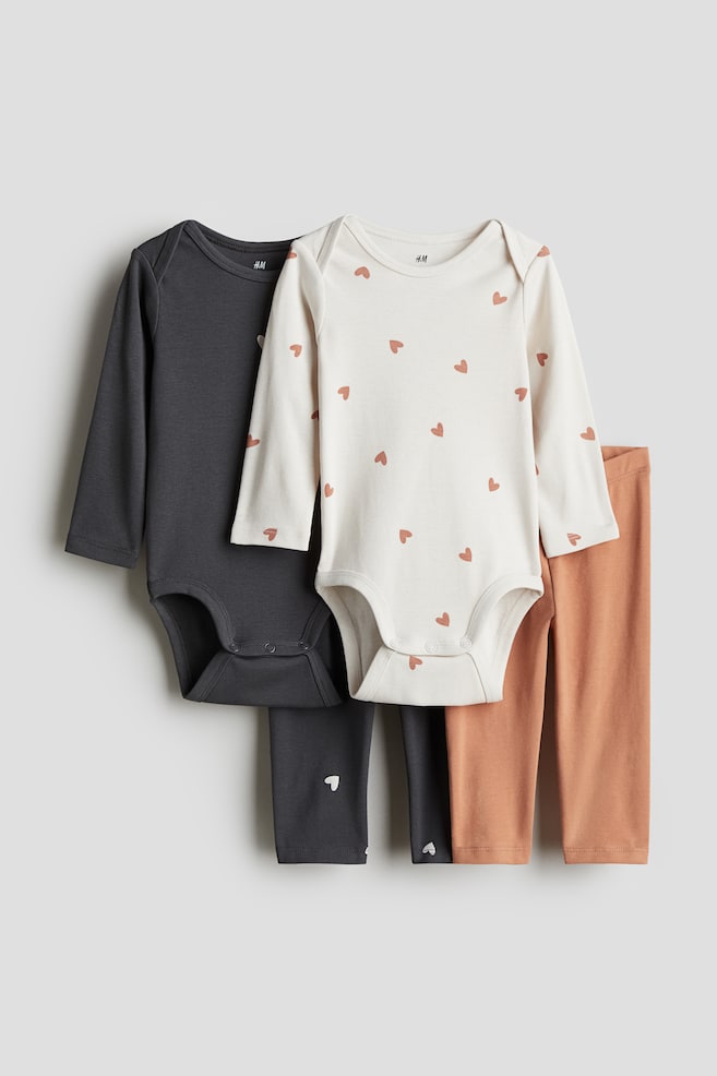 4-piece Cotton Jersey Set - Dark gray/hearts/Beige/cherries/Light dusty green/frogs - 1