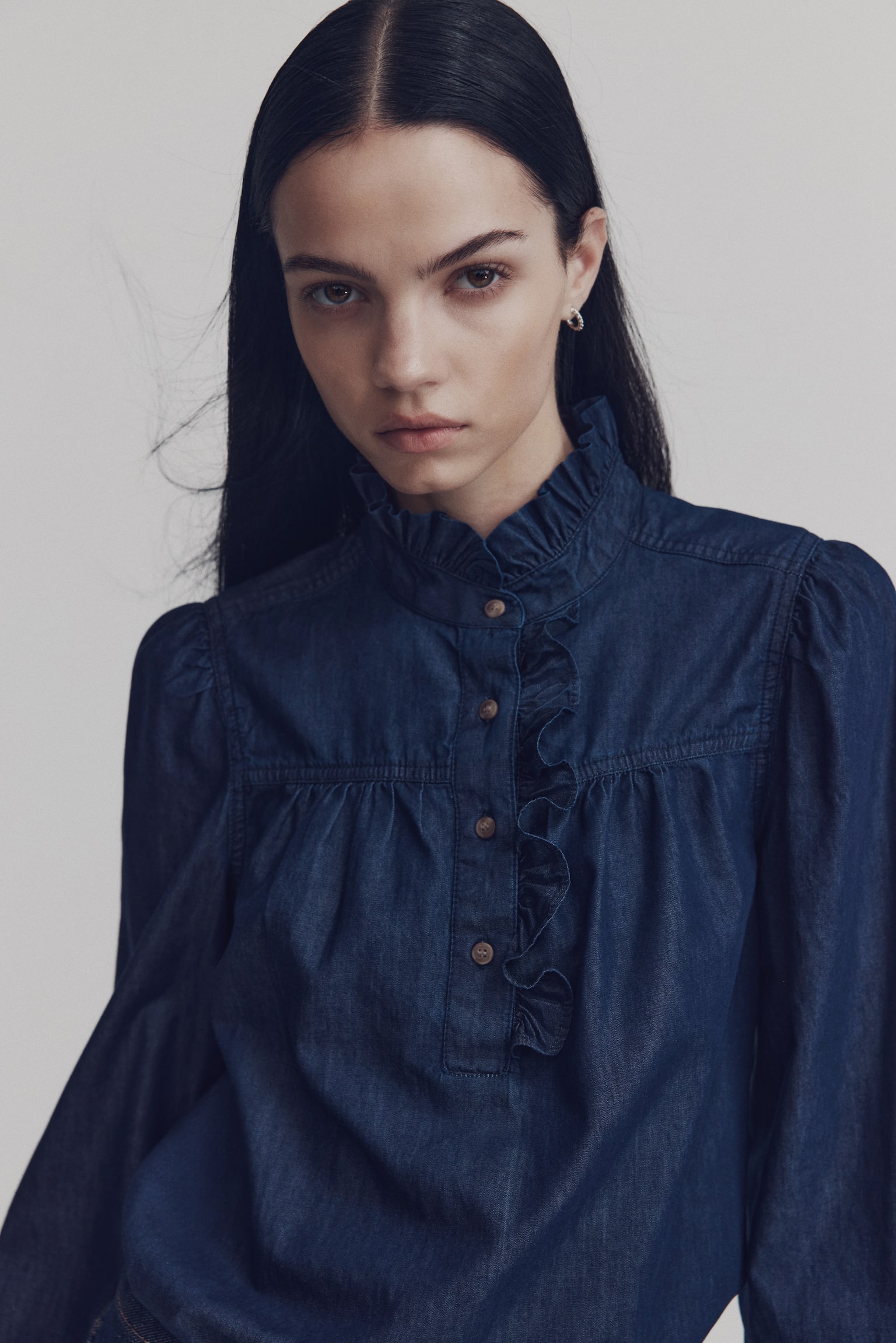 Frill-collared denim blouse - Dark denim blue - 6