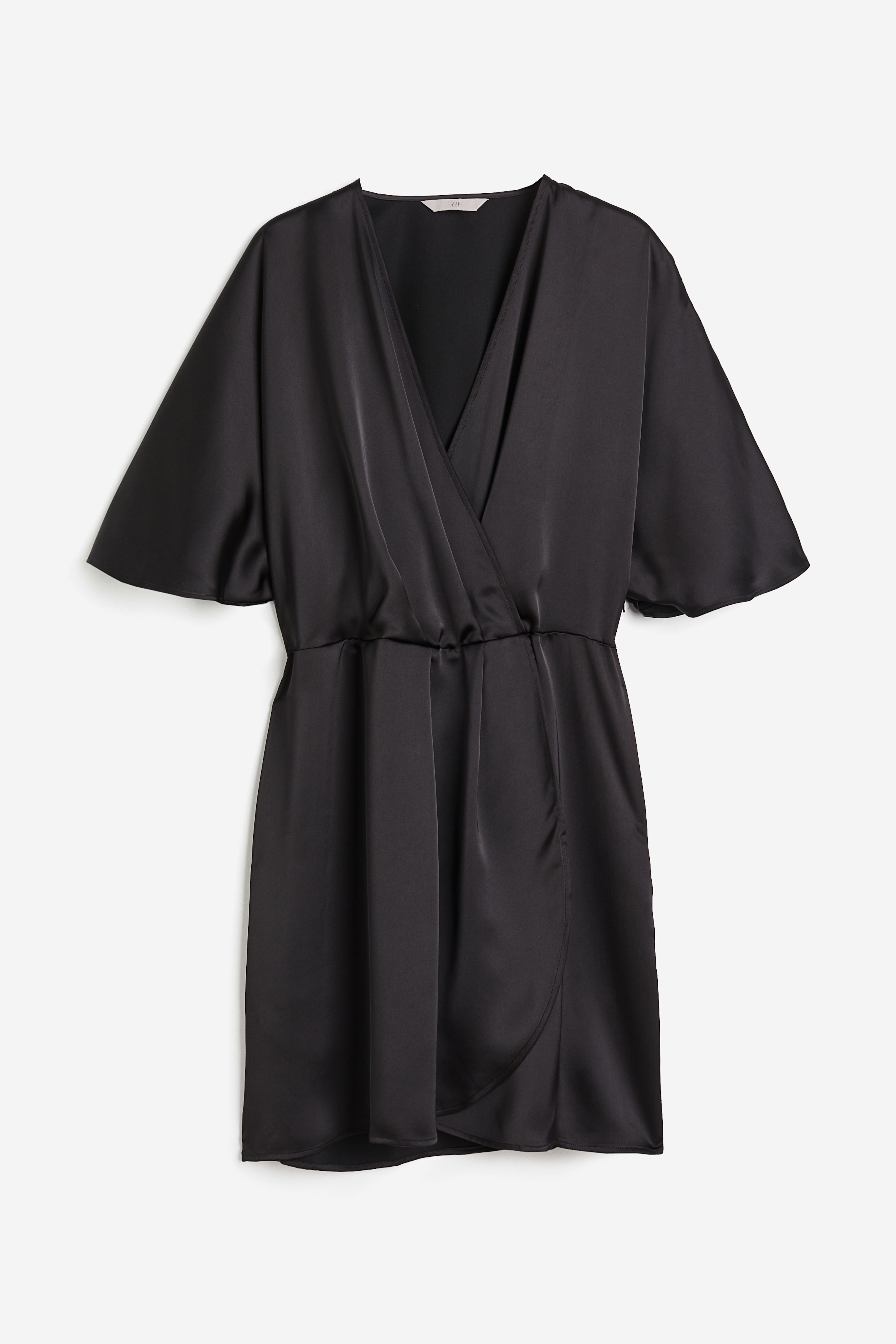 Satin Wrap-front Dress - Low-cut Neckline - Short sleeve - Black - Ladies |  H&M US