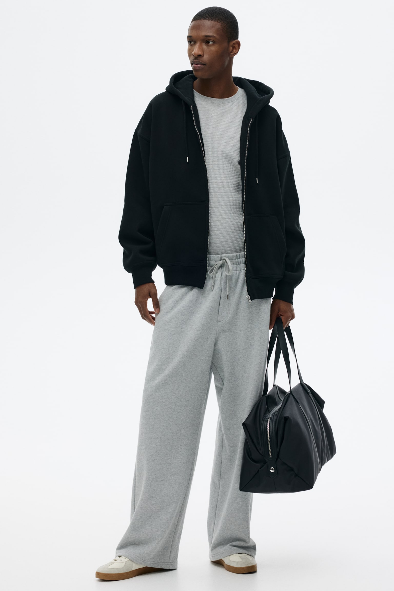 קפוצ'ון עם רוכסן Oversized Fit - שחור/אפור מלאנז' - 3