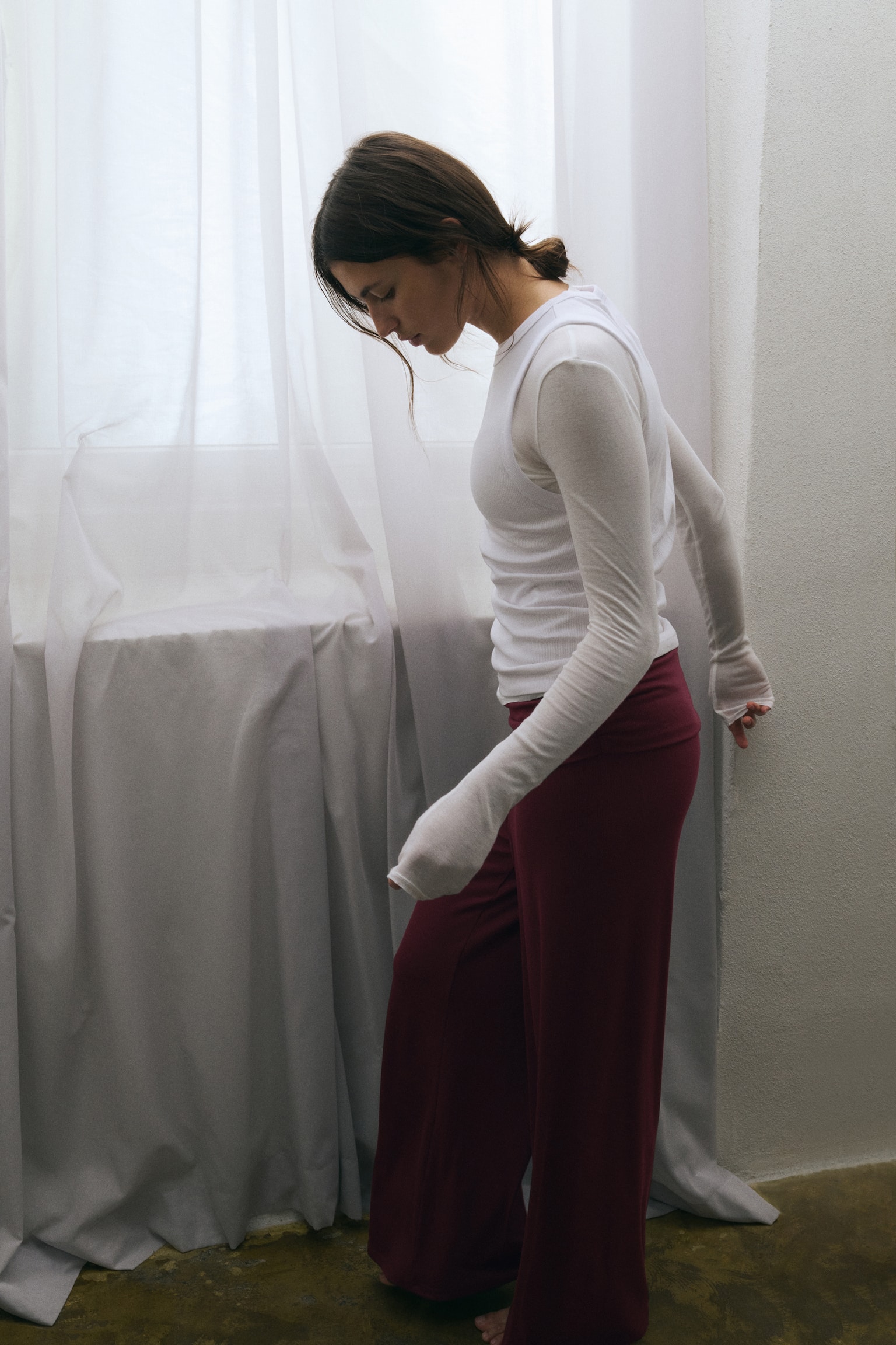 Pantalón deportivo con pretina plegable - Borgoña claro/Gris jaspeado - 3