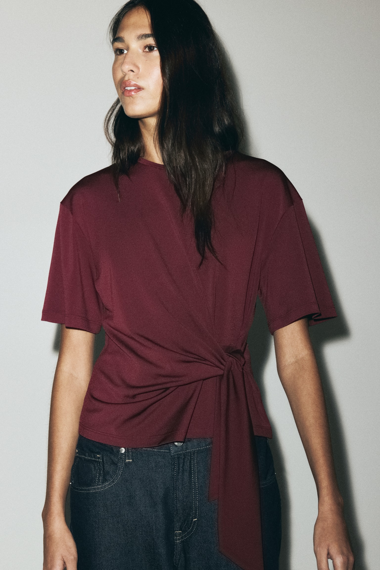 Tie-Detail Top - Burgundy/Black/Dark beige/White - 1