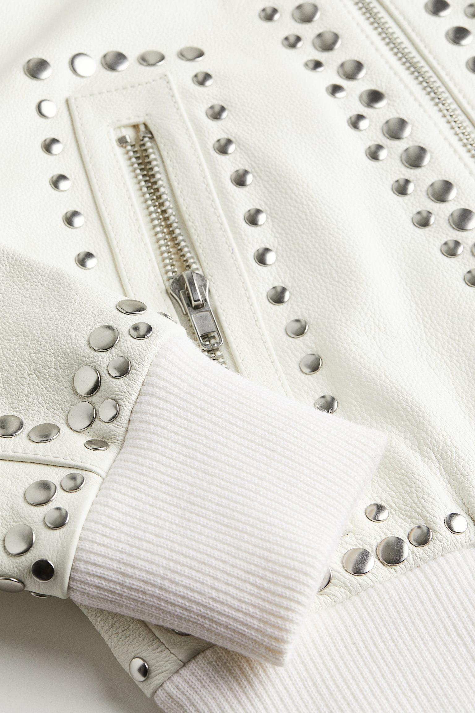 Studded Leather Biker Jacket - Cream - 5