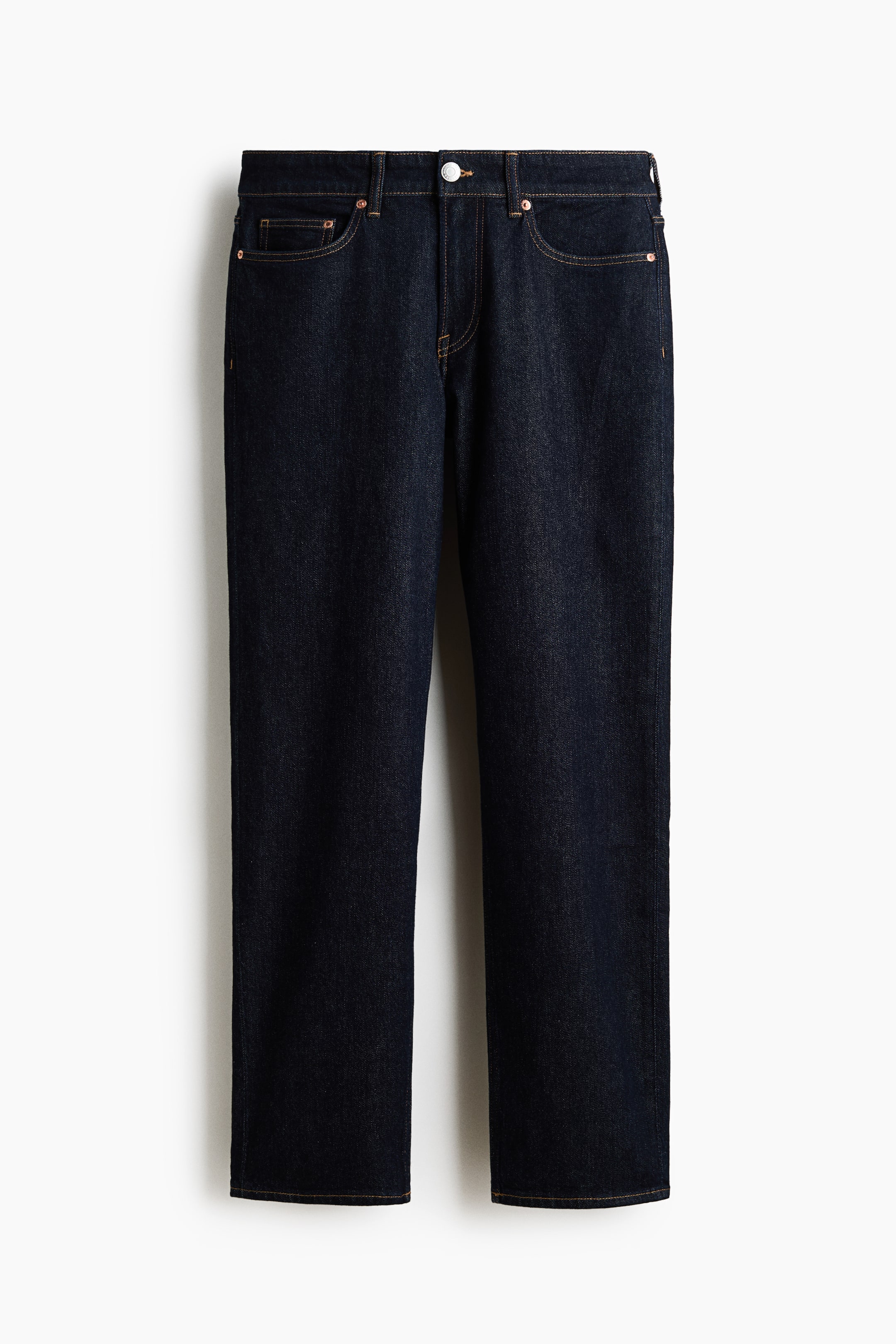 View larger image: A pair of dark blue denim 5-pocket jeans is displayed from the front, featuring a regular waist, a zip fly with a button closure, and front pockets including a coin pocket, all accented with contrast stitching. The jeans showcase a straight leg design with a regular, looser fit throughout the leg.
