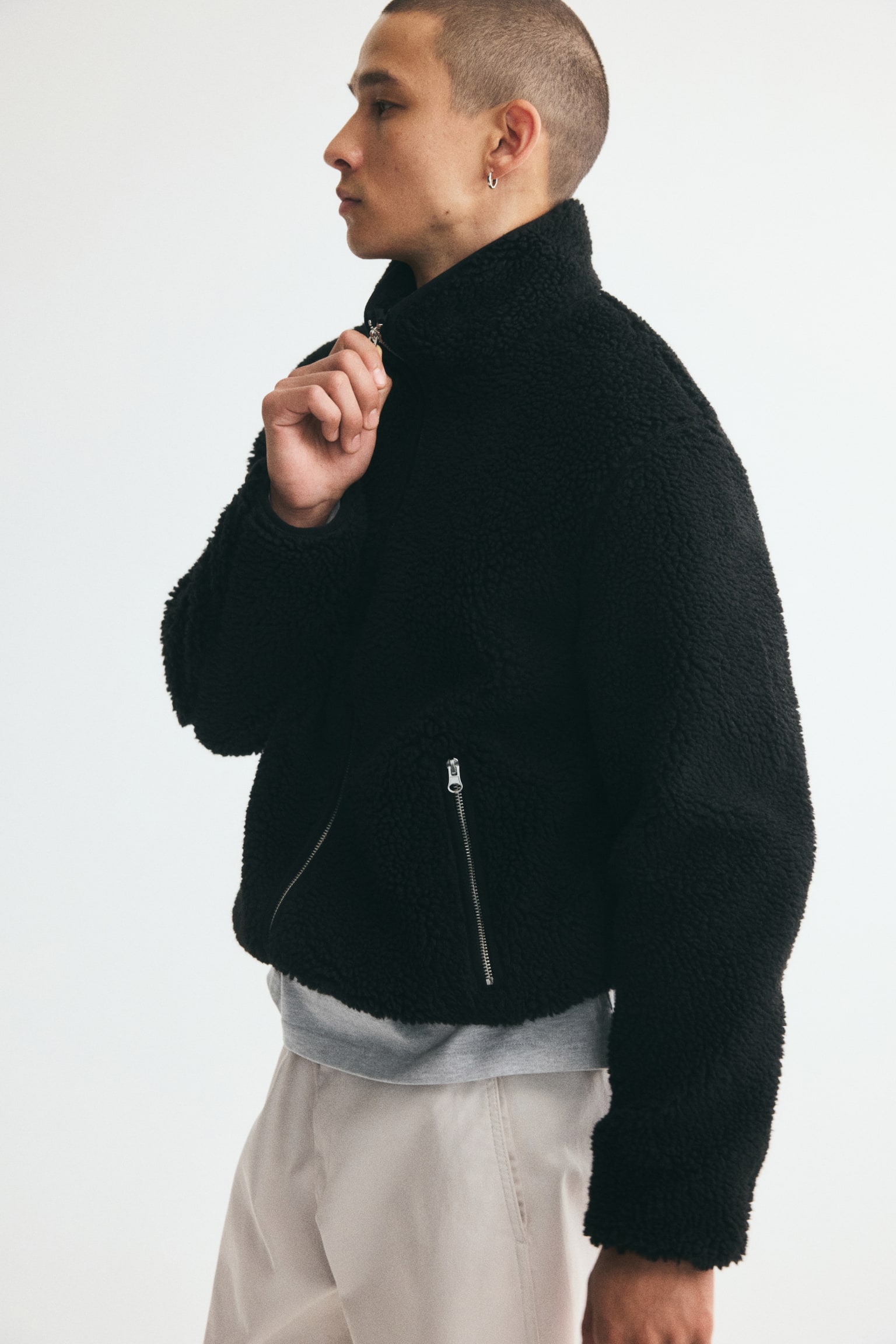 Мужская куртка H&M Teddy Fleece Jacket with Zipper, цвет: Чёрный — фото 5